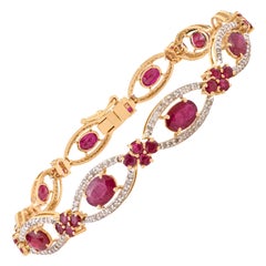 Art Deco Style 6.93 Ct Natural Ruby 
Diamond Floral Link Bracelet en or 18K