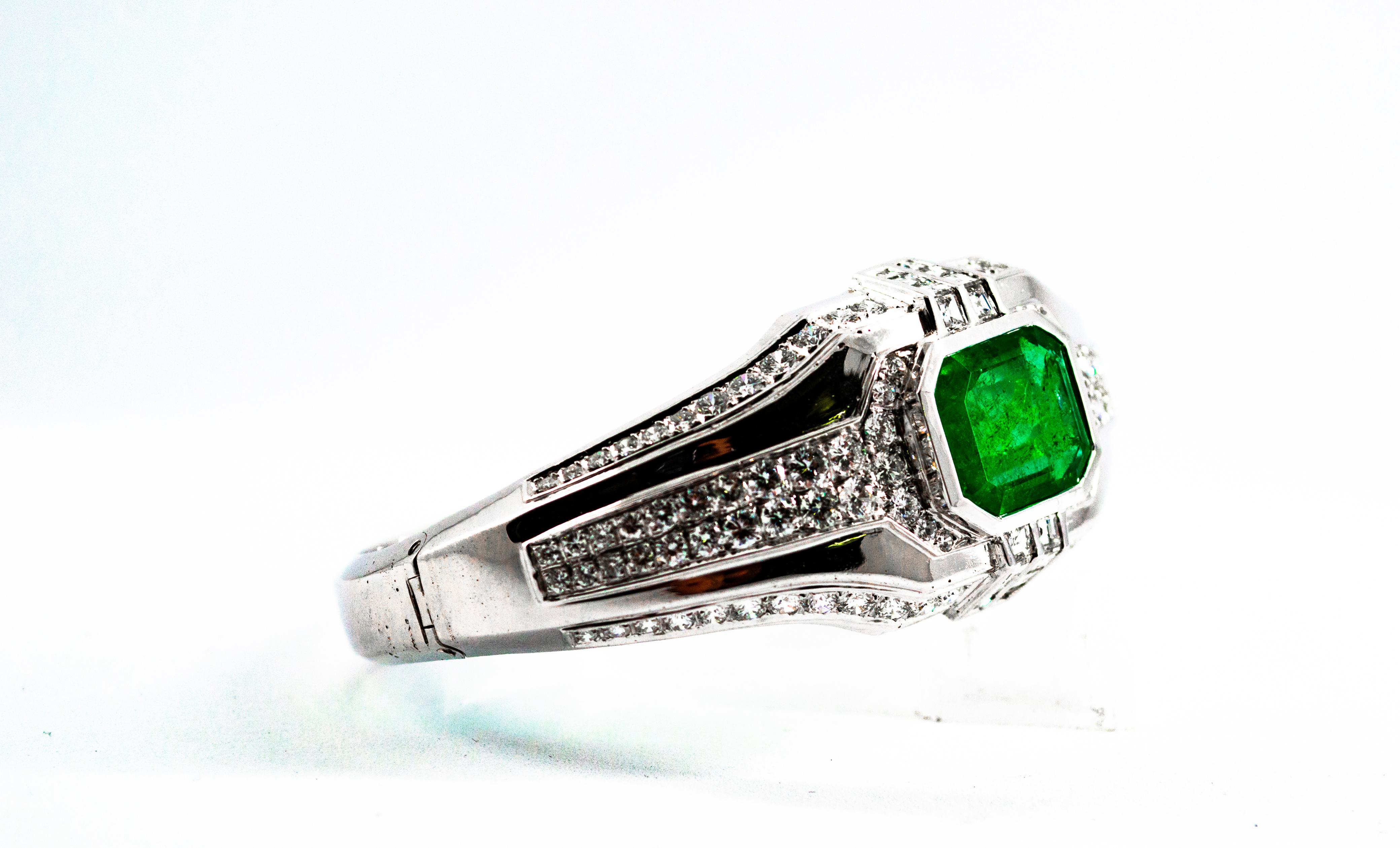 Art Deco Style 7.10 Carat Emerald 7.40 Carat White Diamond White Gold Bracelet For Sale 10