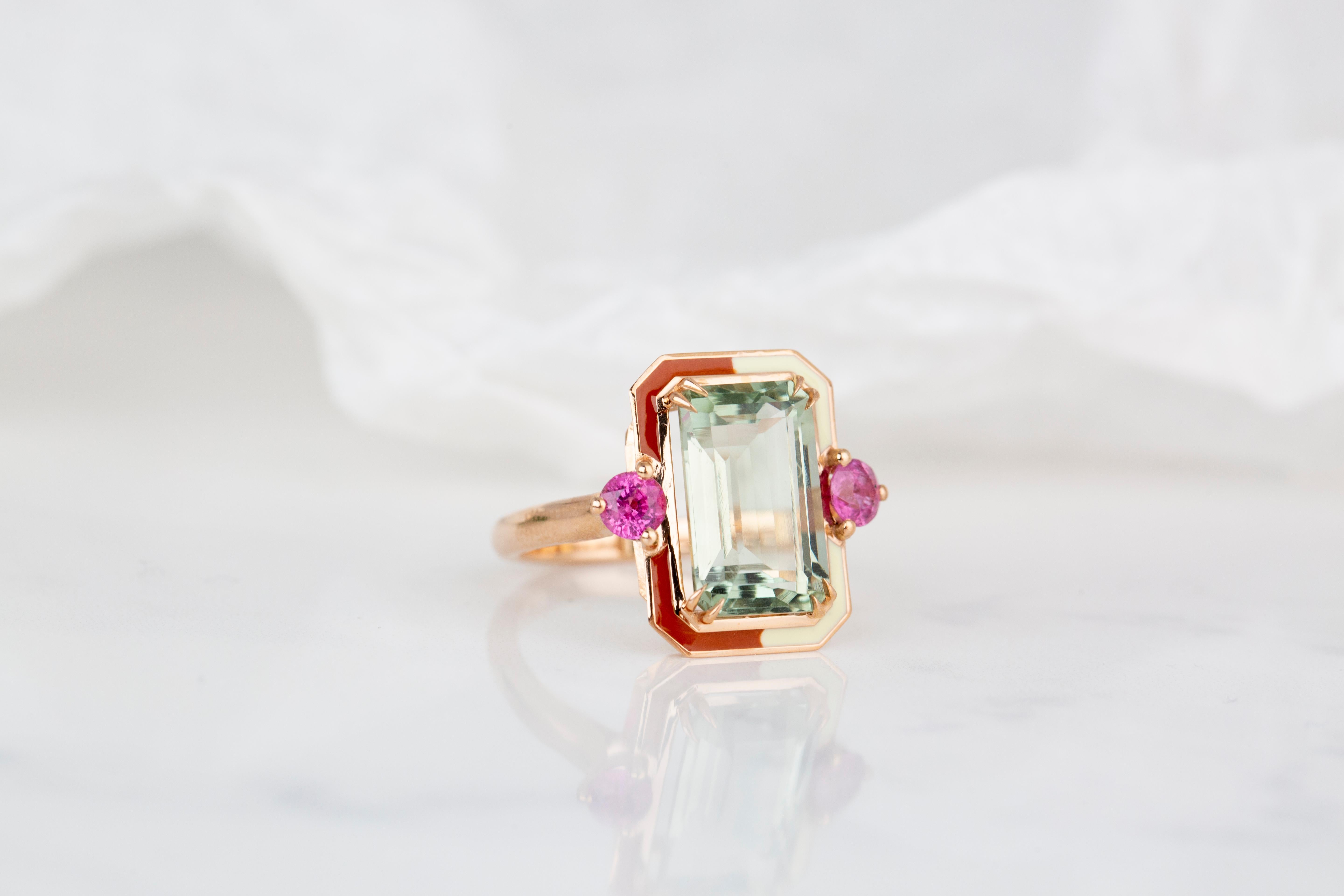 For Sale:  Art Deco Style 7.10 Ct Green Amethyst and Sapphire 14K Gold Cocktail Ring 7