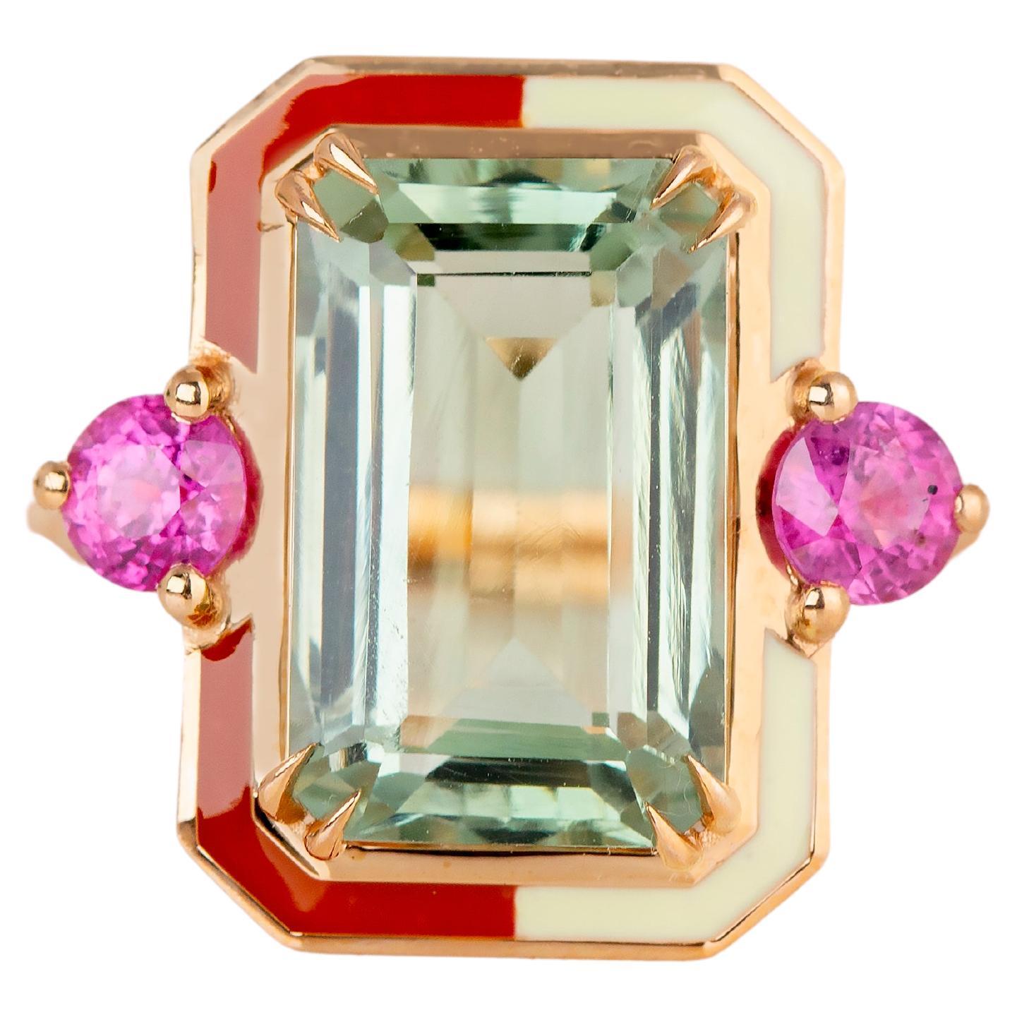 Anello da cocktail in oro 14K con ametista verde e zaffiro da 7,10 carati in stile Art Deco