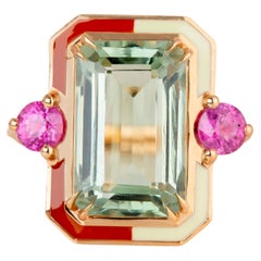 Bague Cocktail Art Déco 7.10 Ct Améthyste verte et saphir en or 14K