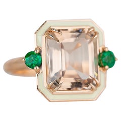 Anello da cocktail in stile Art Deco con topazio da 7,10 carati e smeraldo dello Zambia in oro 14K