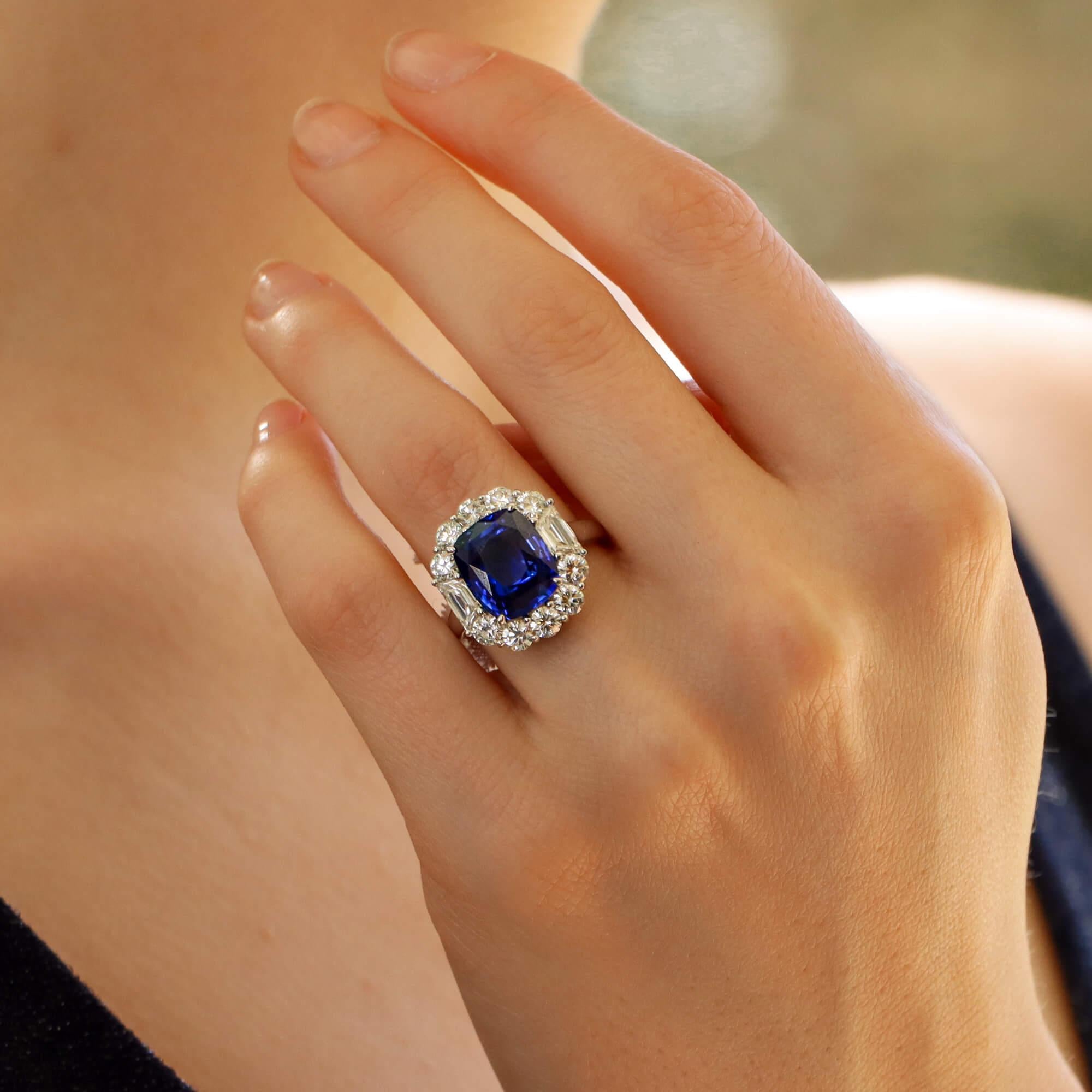 Art Deco Style 7.62 Carat Blue Sapphire and Diamond Cluster Ring Set in Platinum 1