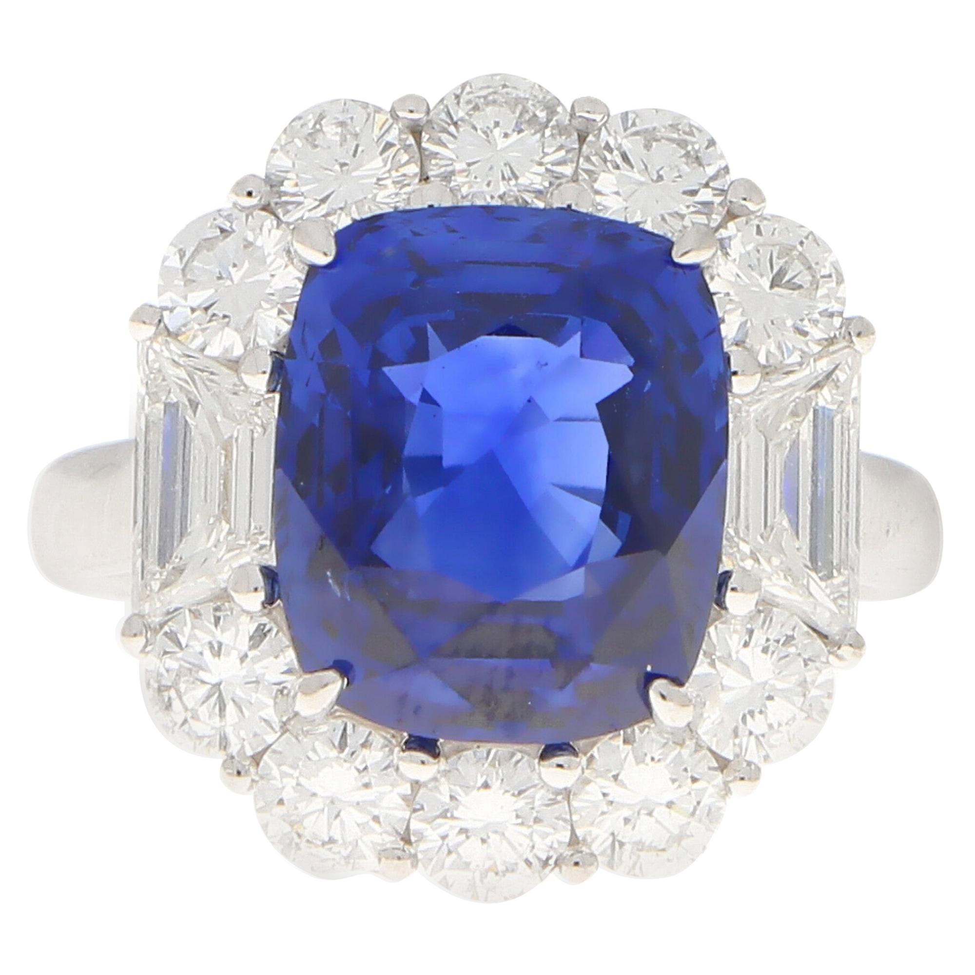 Art Deco Style 7.62 Carat Blue Sapphire and Diamond Cluster Ring Set in Platinum
