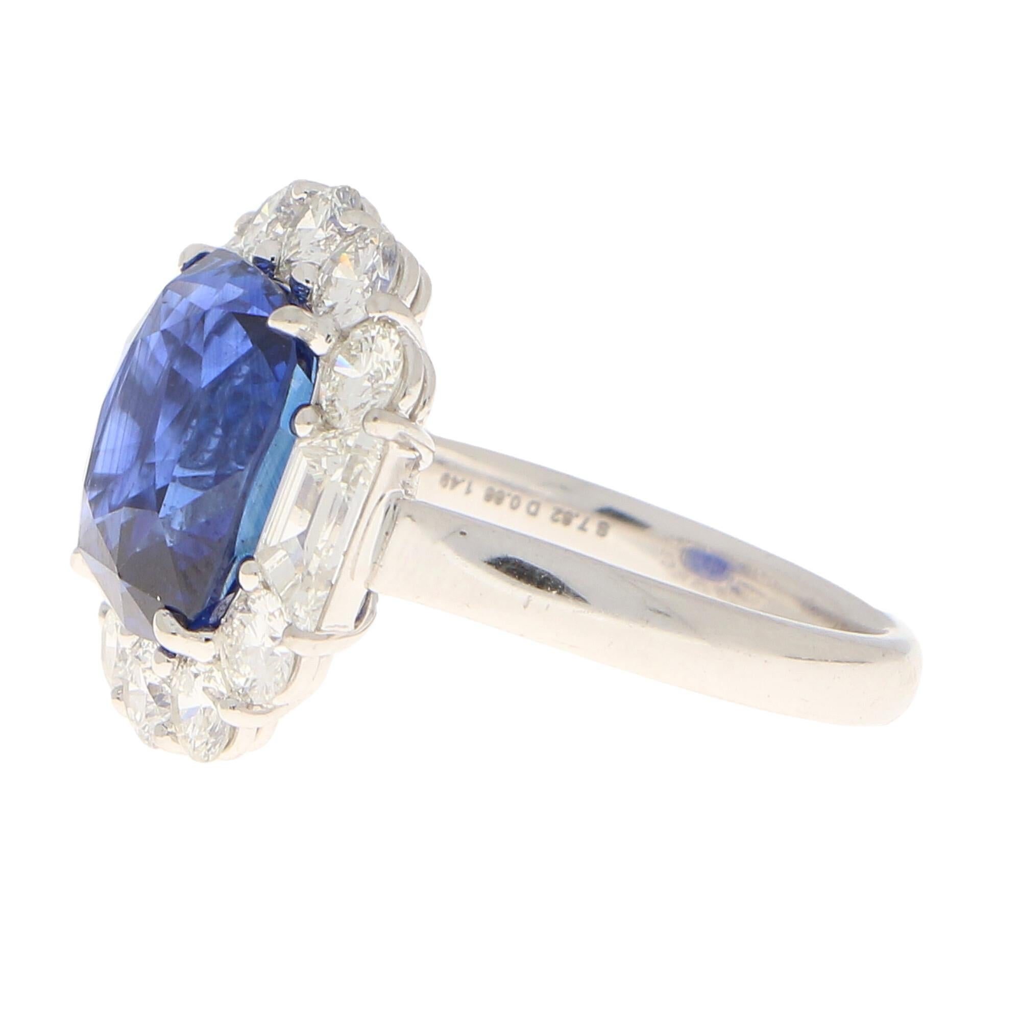 Cushion Cut Art Deco Style 7.62 Carat Blue Sapphire and Diamond Cluster Ring Set in Platinum