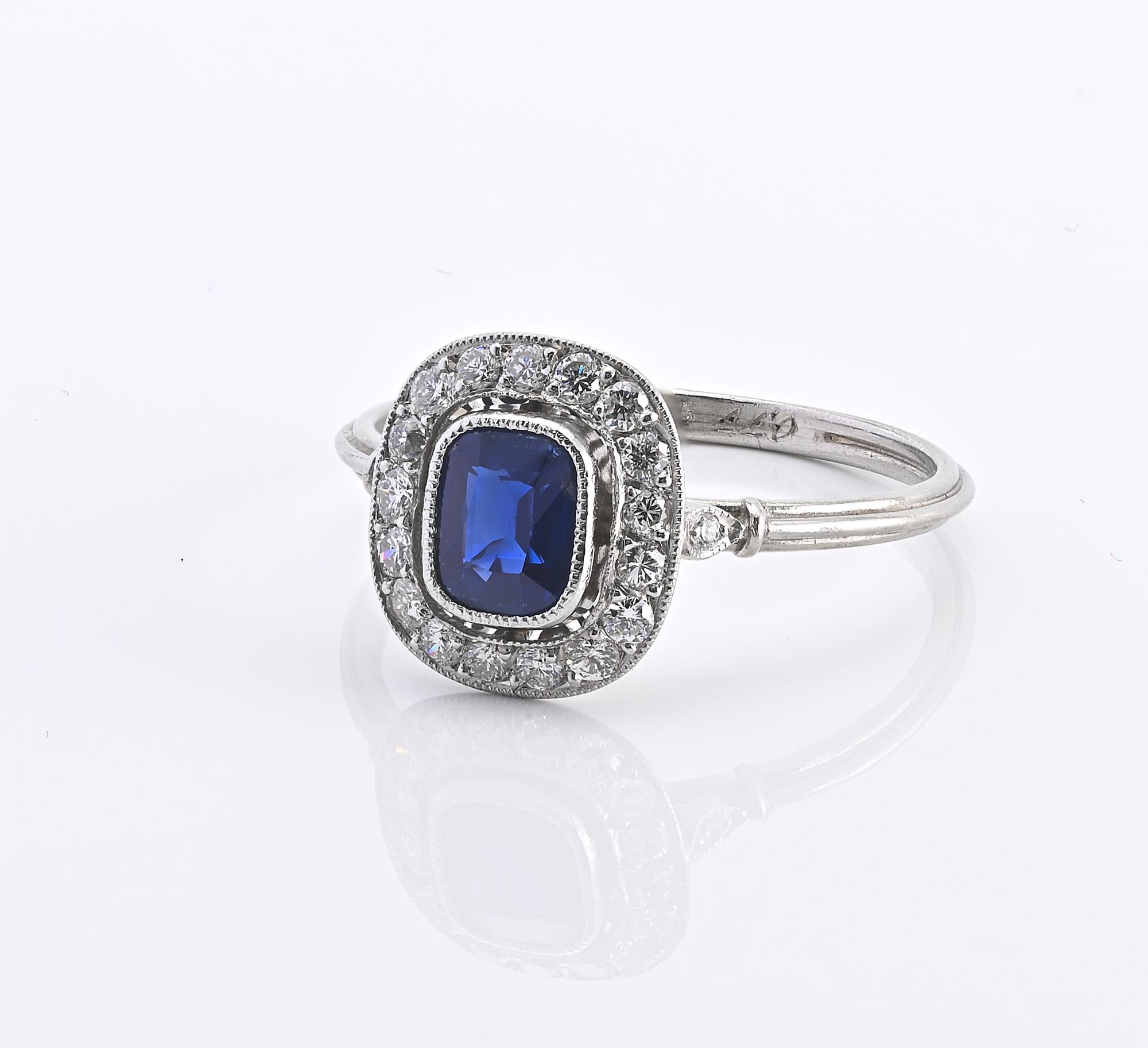 Women's Art Deco Style .77 Ct Natural Sapphire .55 Ct Diamond Platinum Ring For Sale
