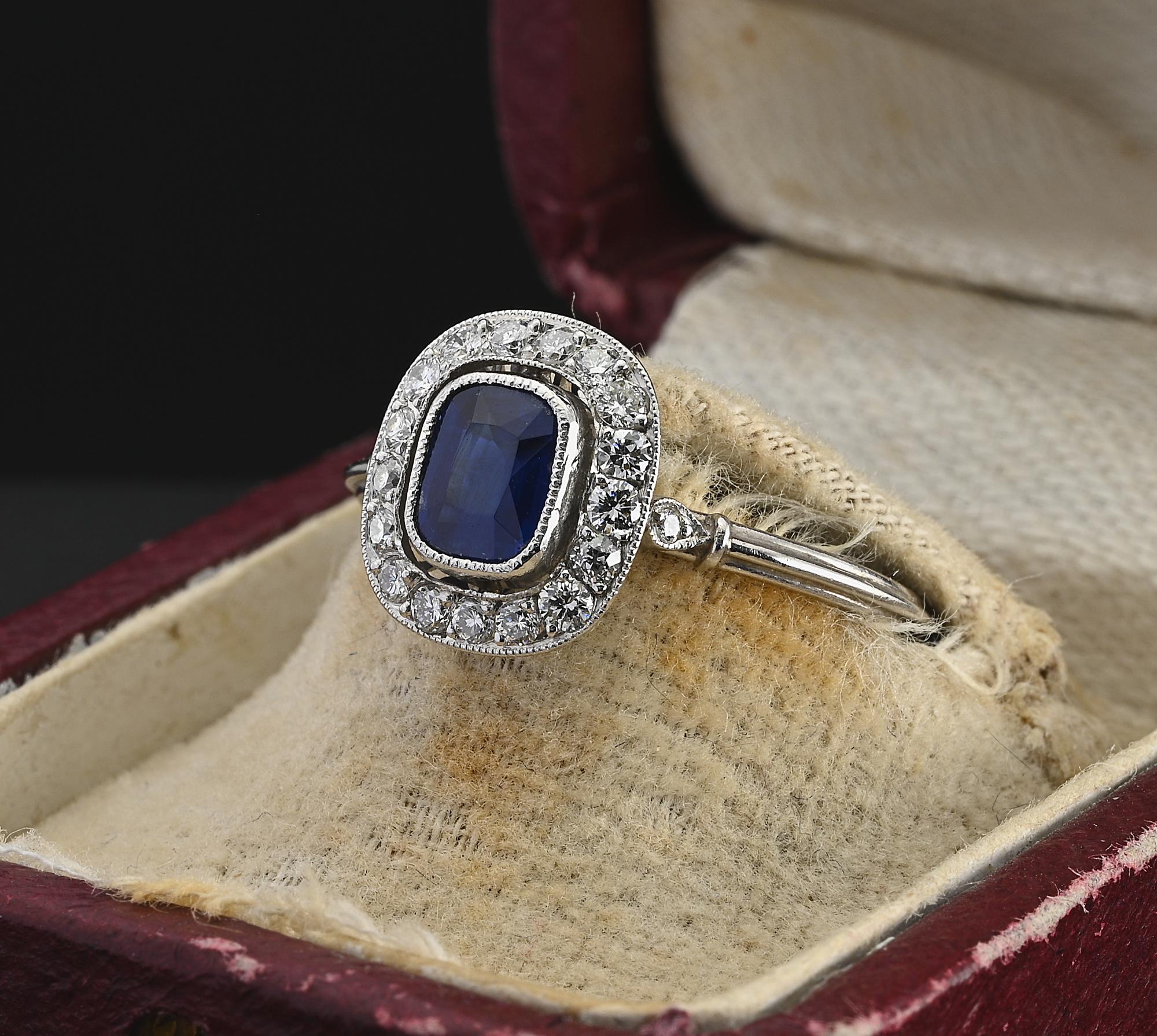 Art Deco Style .77 Ct Natural Sapphire .55 Ct Diamond Platinum Ring For Sale 1