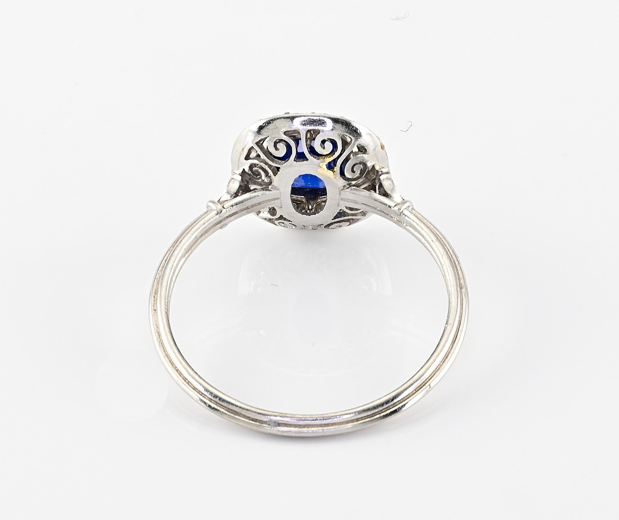 Art Deco Style .77 Ct Natural Sapphire .55 Ct Diamond Platinum Ring For Sale 2