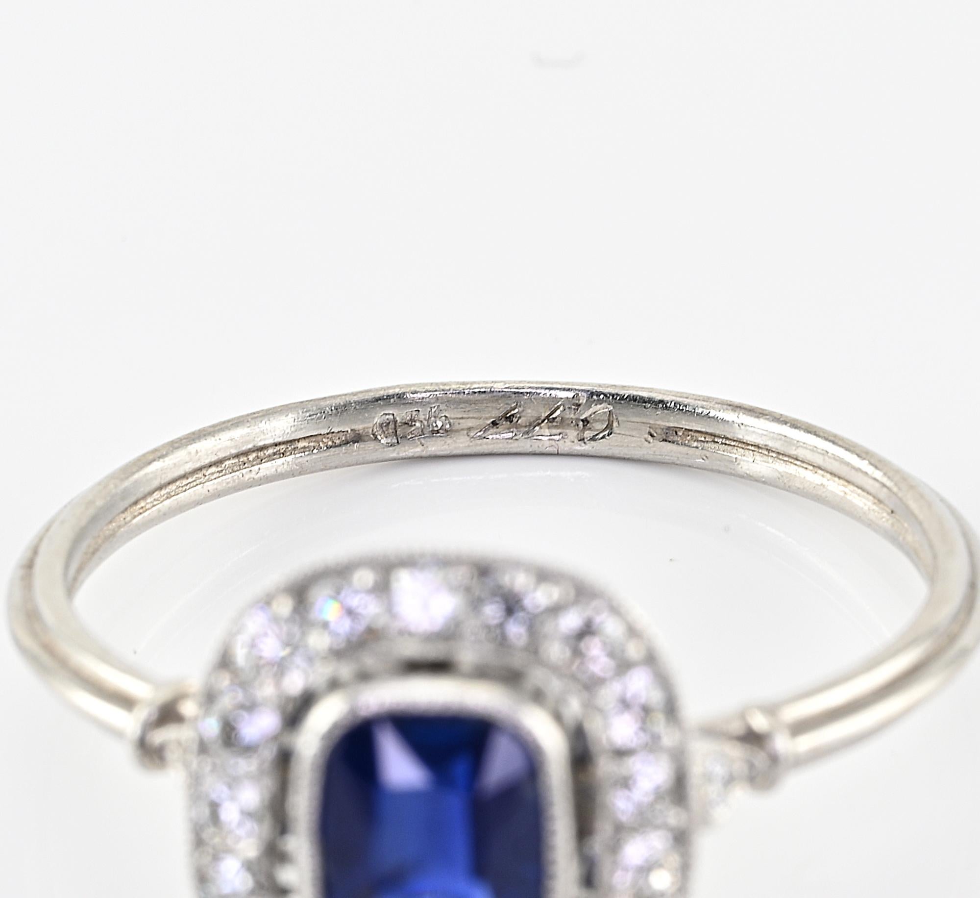 Art Deco Style .77 Ct Natural Sapphire .55 Ct Diamond Platinum Ring For Sale 3