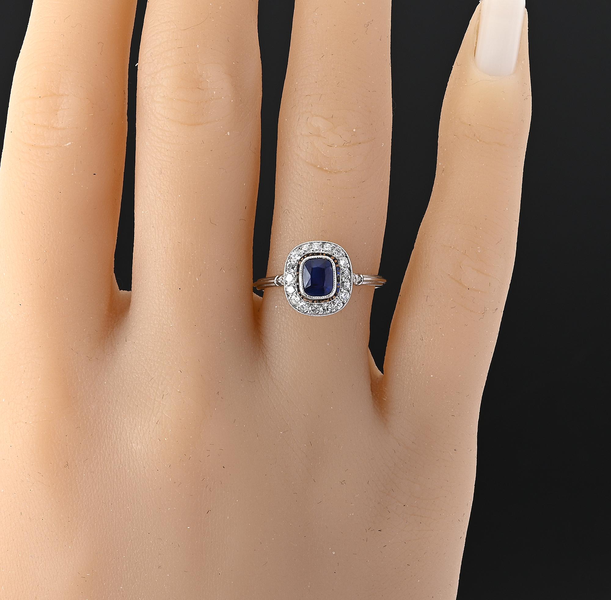 Art Deco Style .77 Ct Natural Sapphire .55 Ct Diamond Platinum Ring For Sale 4