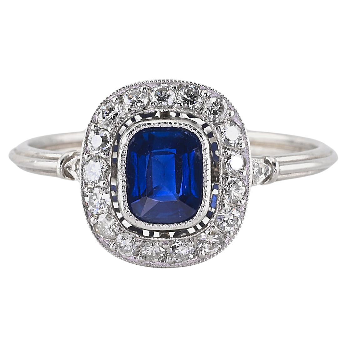 Art Deco Style .77 Ct Natural Sapphire .55 Ct Diamond Platinum Ring For Sale