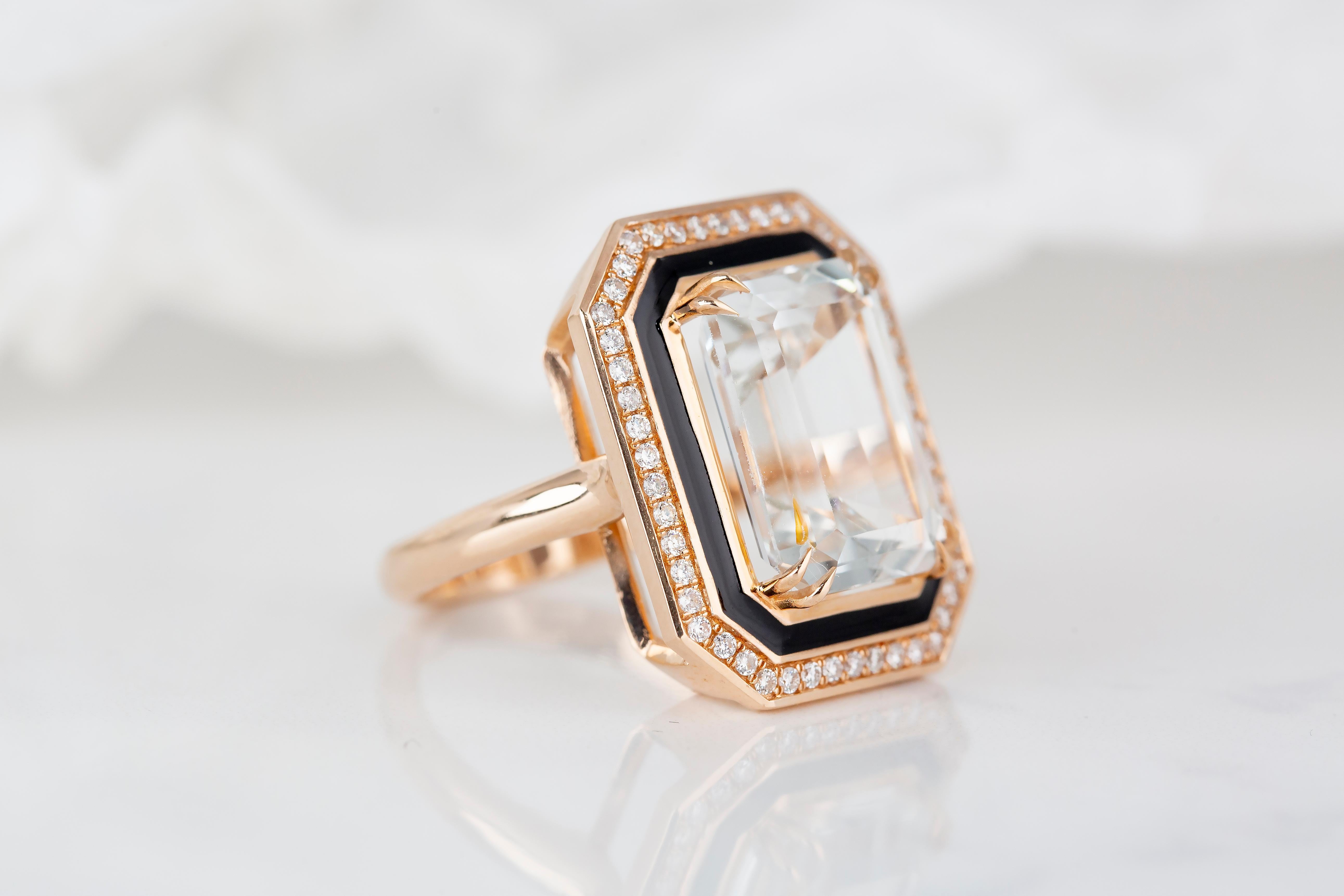 For Sale:  Art Deco Style 7.82 Ct. Topaz and Diamond 14K Gold Cocktail Ring 14