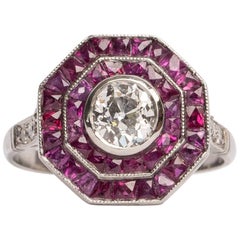 Art Deco Style .80 Carat Old European Cut Diamond Platinum Ruby Double Halo Ring