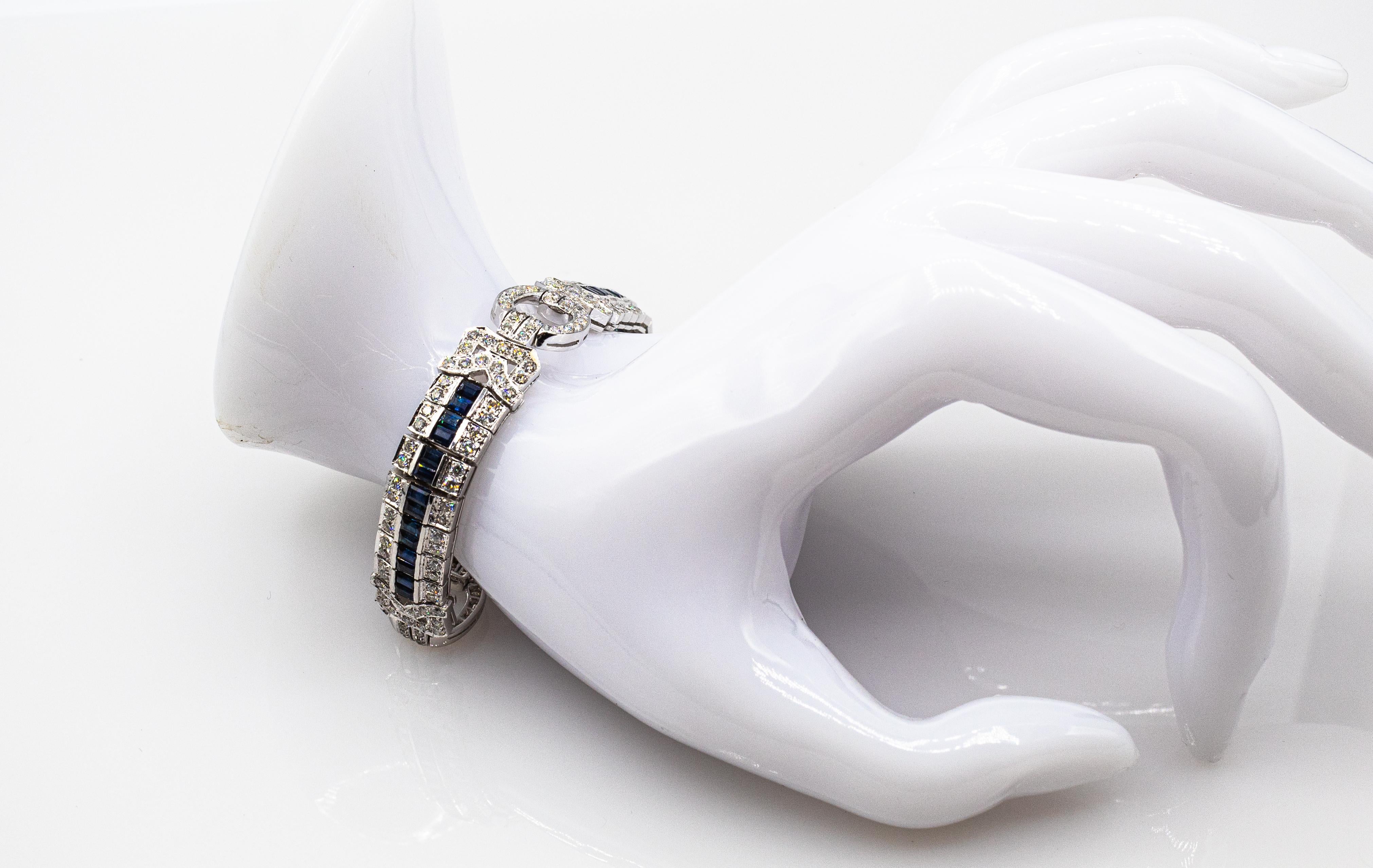 Art Deco Style 8.00 Carat White Diamond Blue Sapphire White Gold Bracelet 5