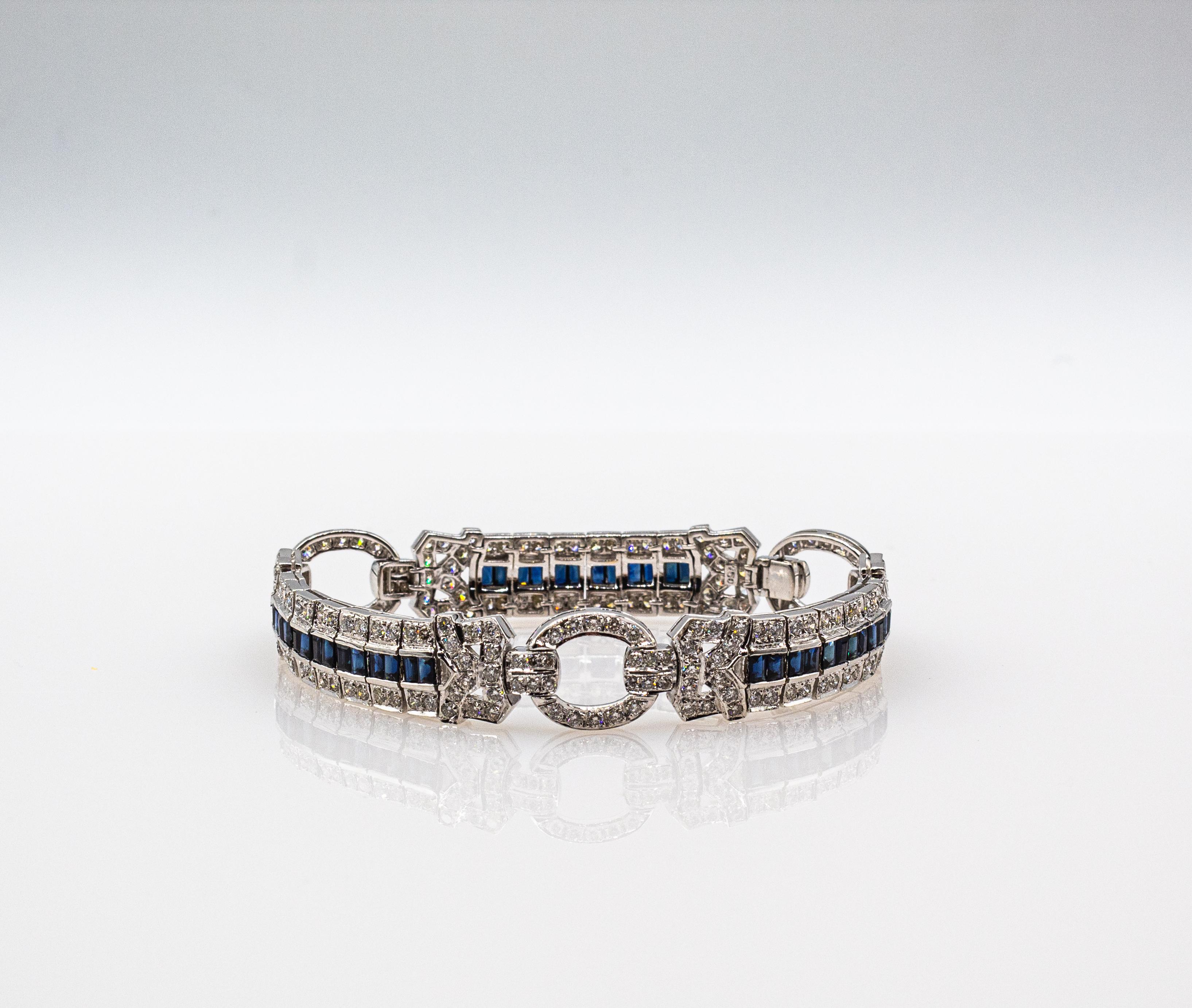 Women's or Men's Art Deco Style 8.00 Carat White Diamond Blue Sapphire White Gold Bracelet