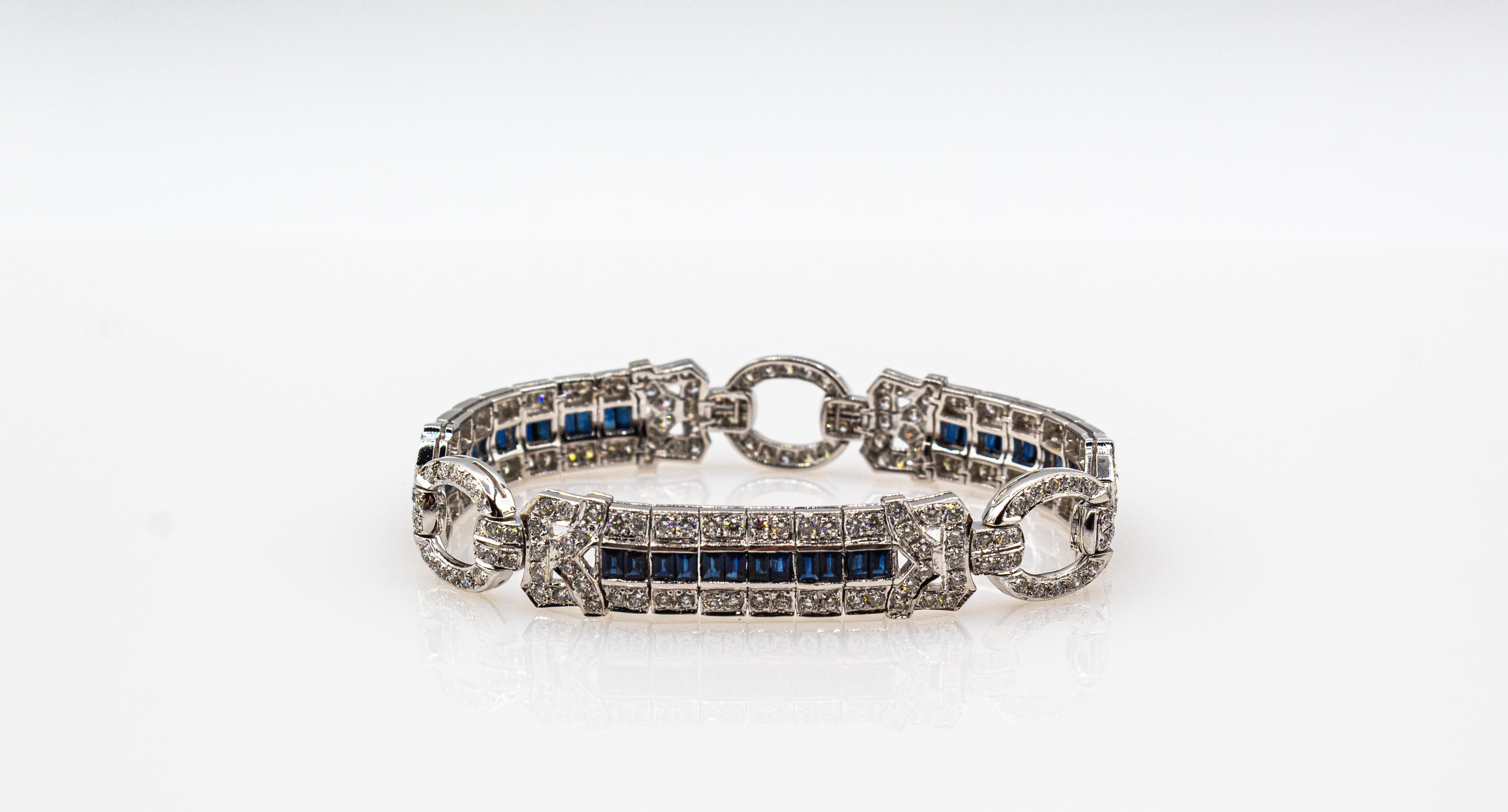 Art Deco Style 8.00 Carat White Diamond Blue Sapphire White Gold Bracelet 1