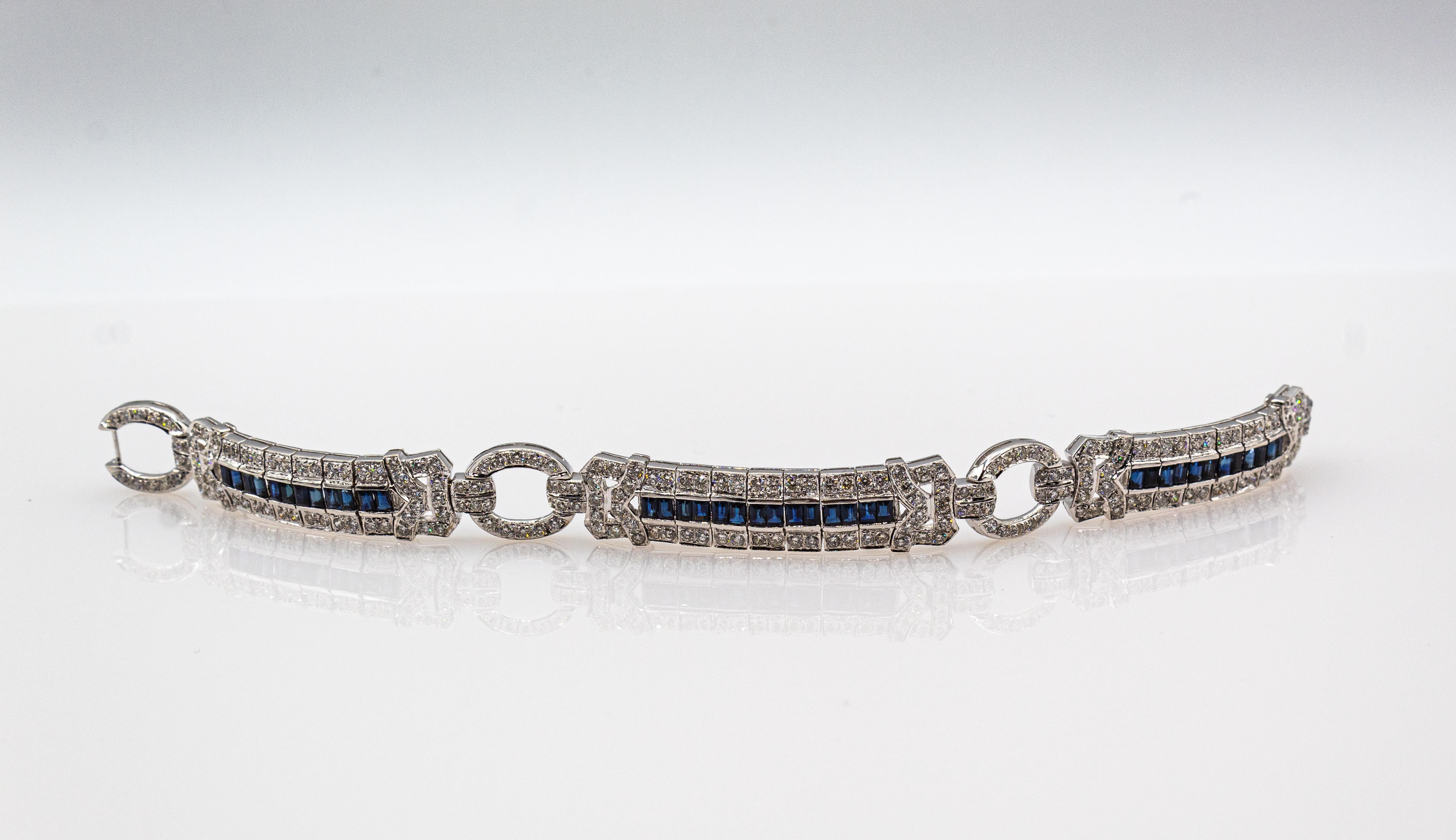 Art Deco Style 8.00 Carat White Diamond Blue Sapphire White Gold Bracelet 2