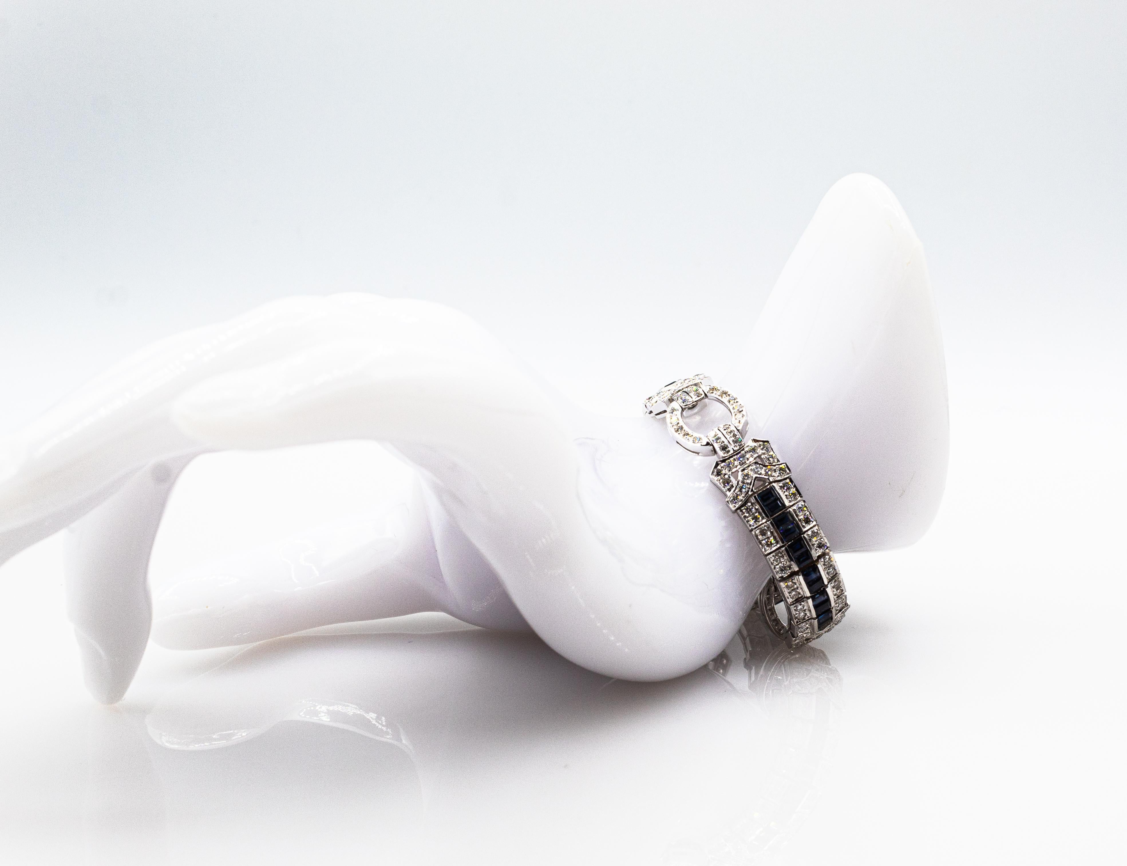 Art Deco Style 8.00 Carat White Diamond Blue Sapphire White Gold Bracelet 3