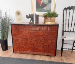 Art Deco Style 80s Midcentury Regency Italian Walnut Burl Chest of Drawers