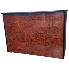 Art Deco Style 80s Midcentury Regency Italian Walnut Burl Chest of Drawers