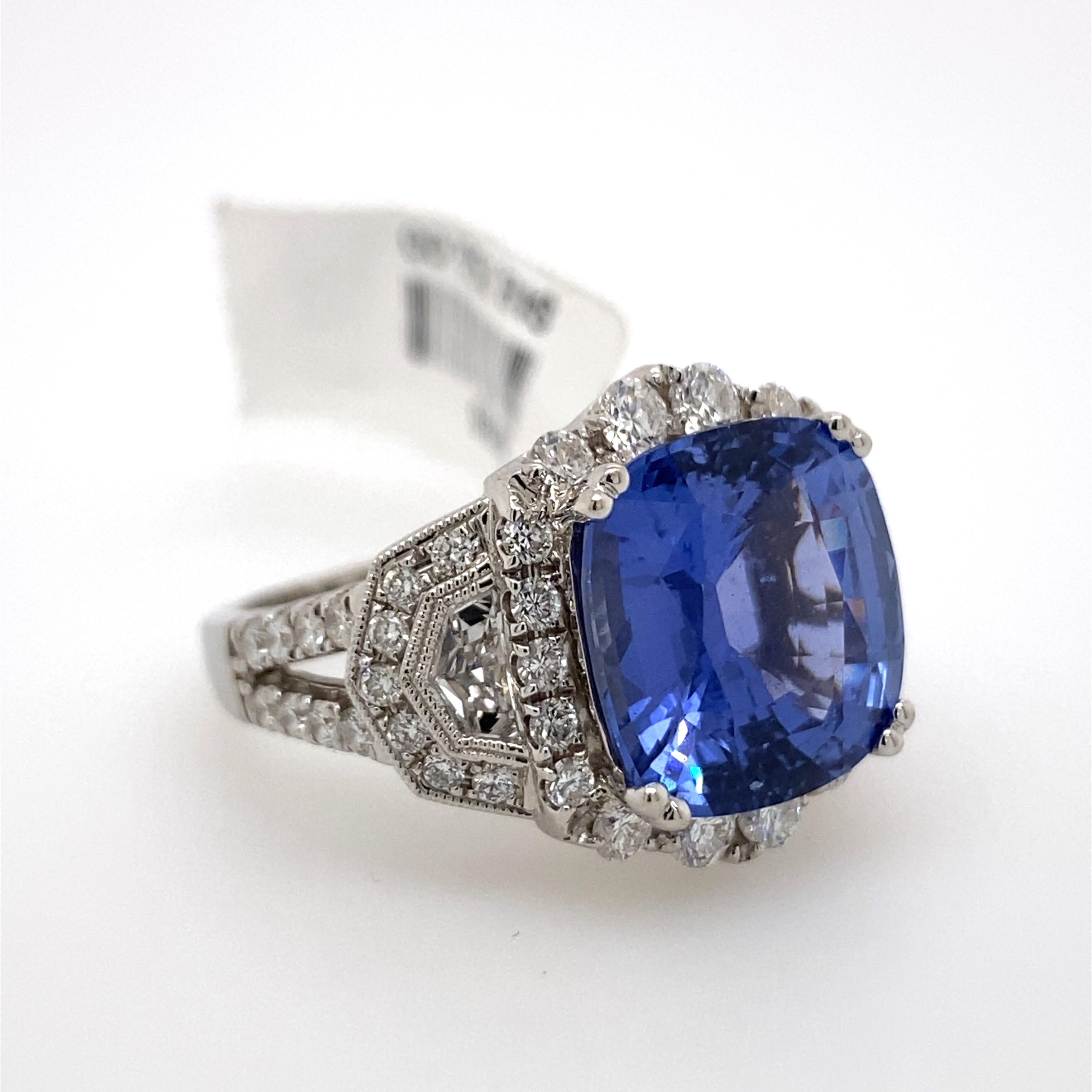 Cushion Cut Art Deco Style 8.13 Carat Sapphire with Diamond Ring 18 Karat White Gold For Sale
