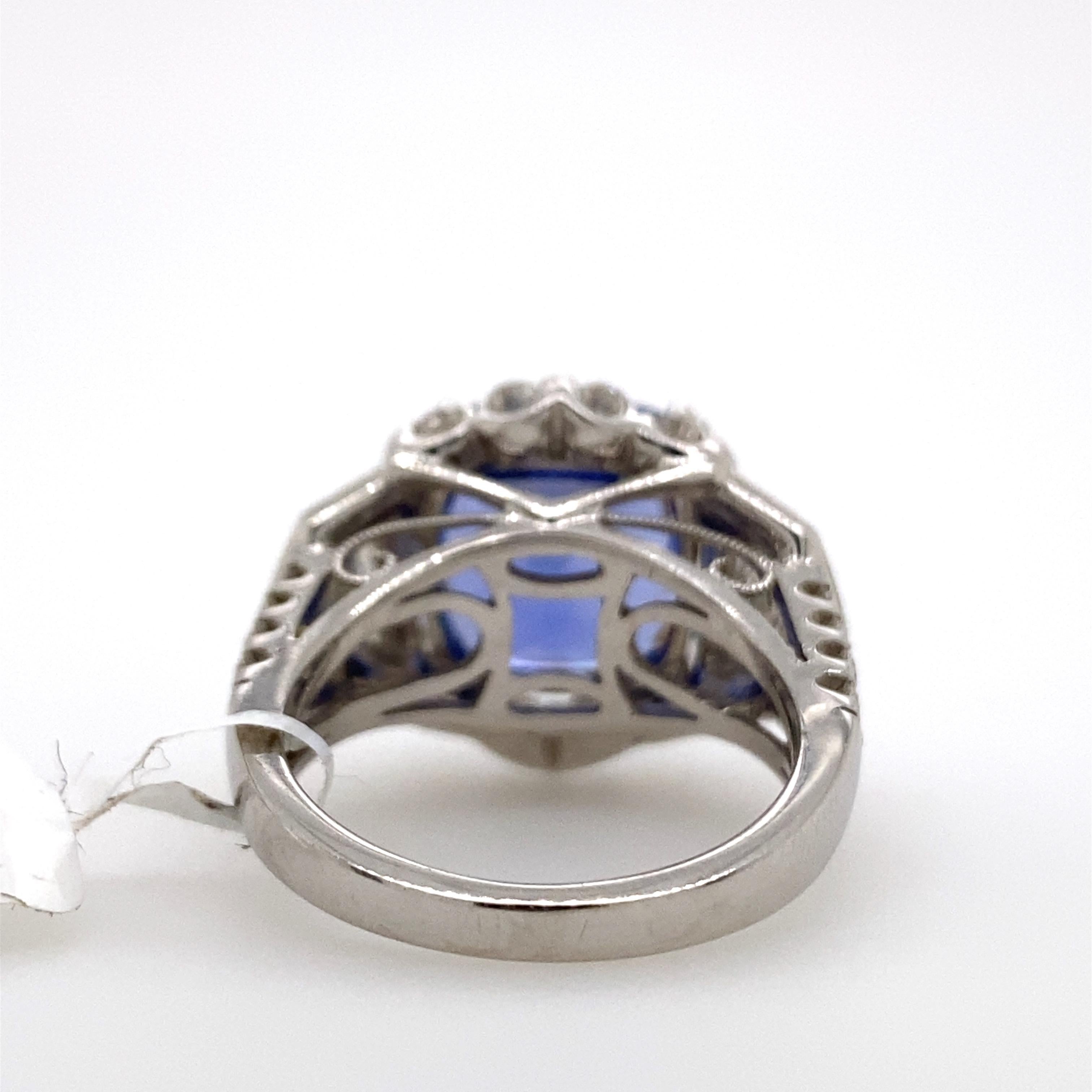 Women's Art Deco Style 8.13 Carat Sapphire with Diamond Ring 18 Karat White Gold For Sale