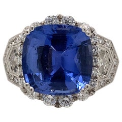 Bague de style Art déco en or blanc 18 carats avec saphir de 8,13 carats et diamants