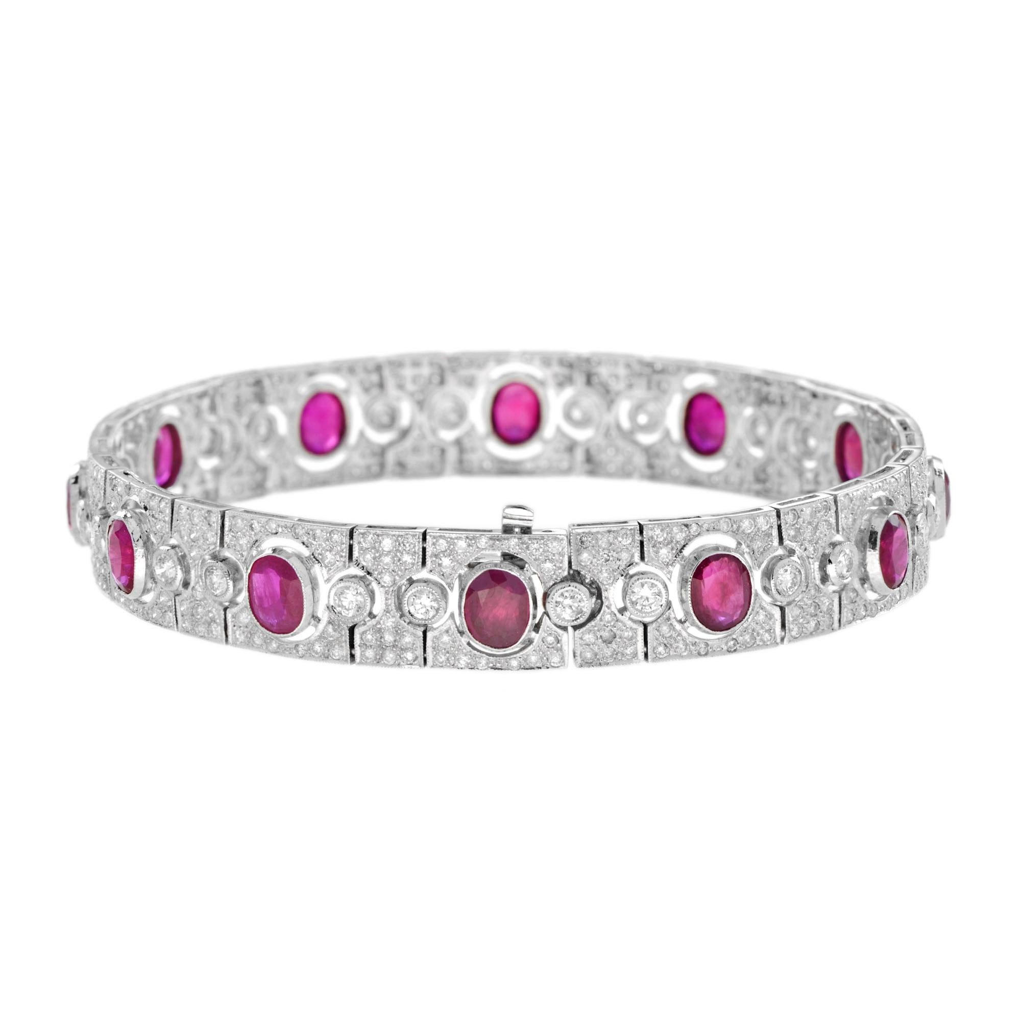Oval Cut Art Deco Style 8.87 Ct. Oval Ruby and Diamond Bracelet in 18K White Gold For Sale