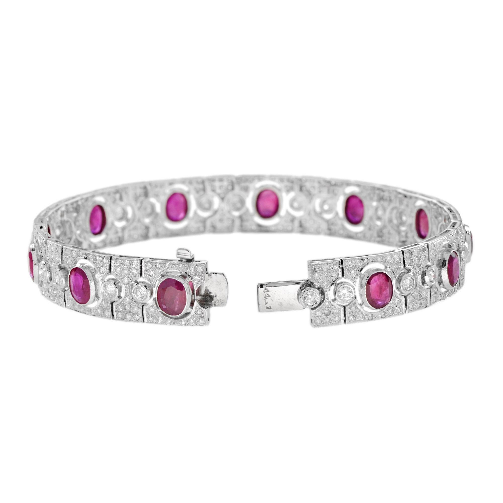 Women's Art Deco Style 8.87 Ct. Oval Ruby and Diamond Bracelet in 18K White Gold For Sale