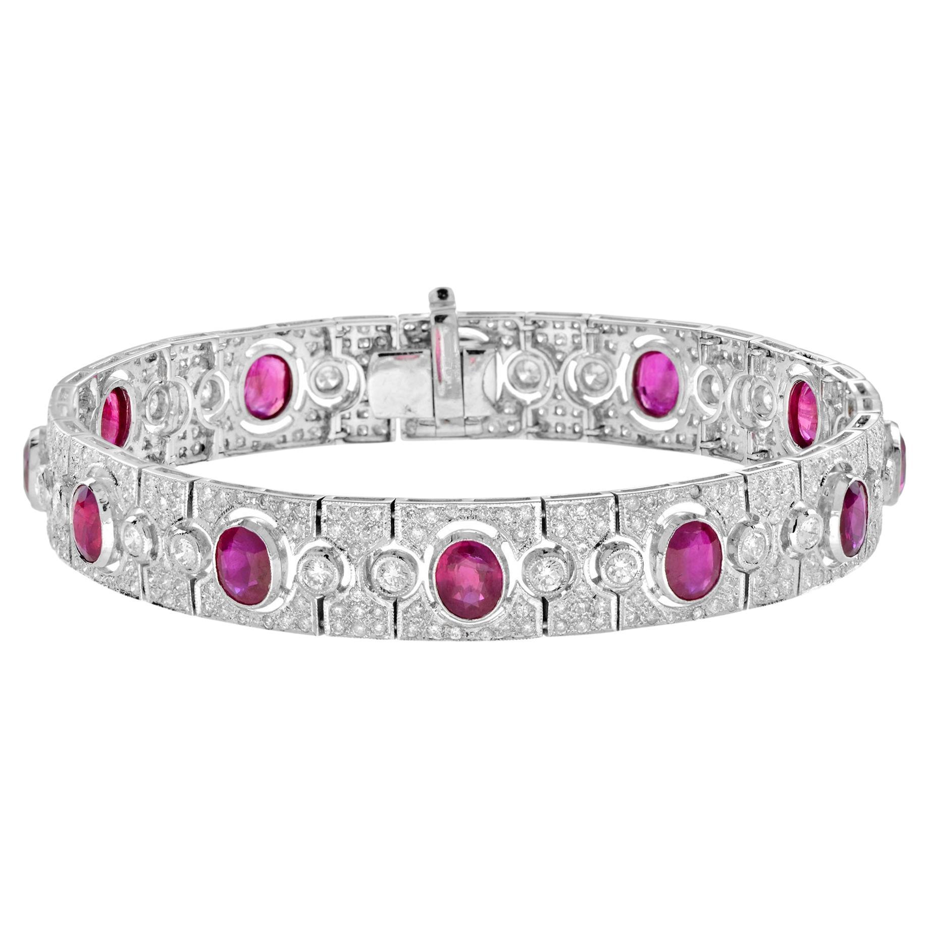 Art Deco Style 8.87 Ct. Oval Ruby and Diamond Bracelet in 18K White Gold For Sale