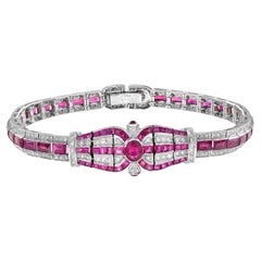 Art Deco Style 9.24 Ct. Ruby and Diamond Bracelet in 18K White Gold