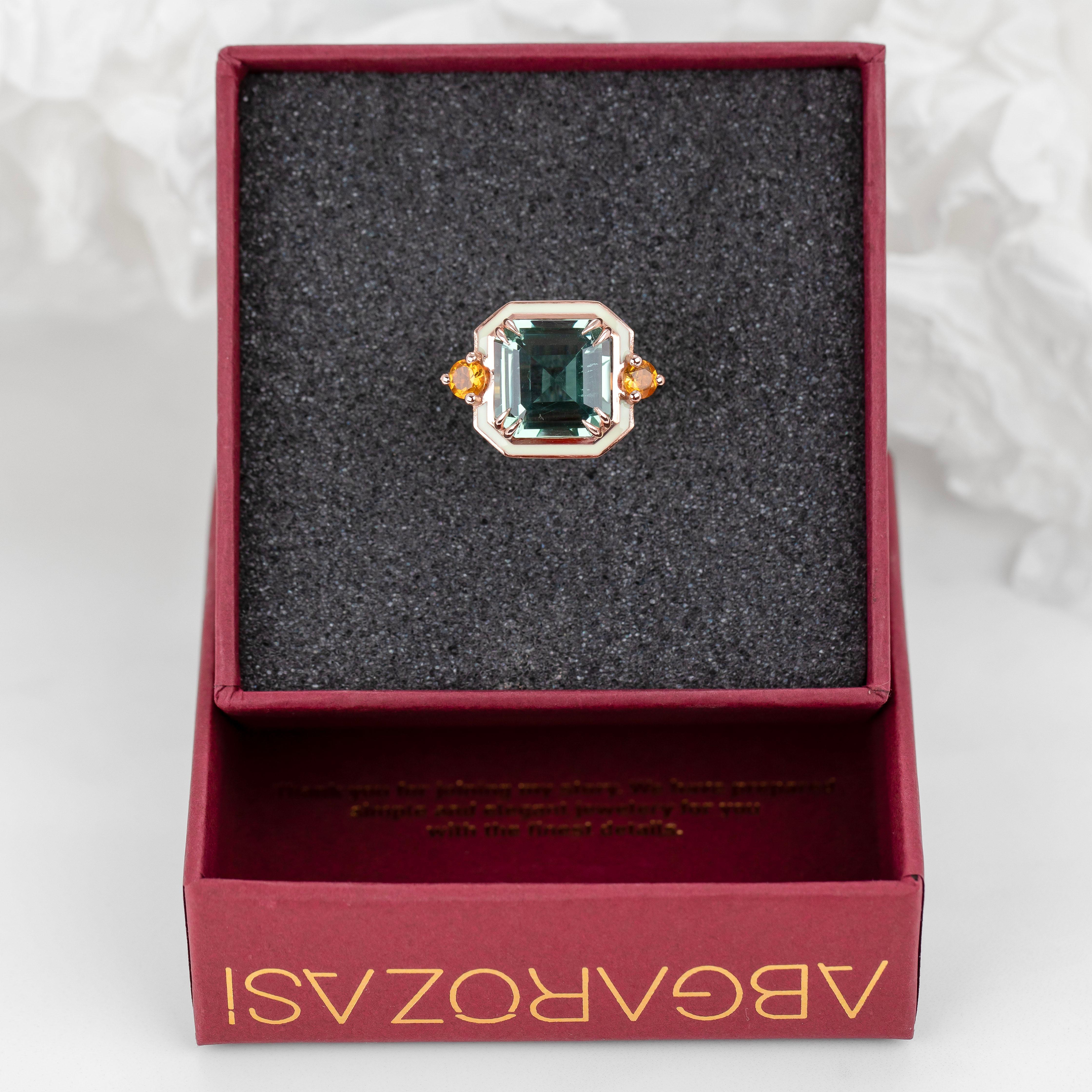 Women's Art Deco Style, 925 Silver Ring Green Amethyst and Fire Citrine Stone Ring For Sale