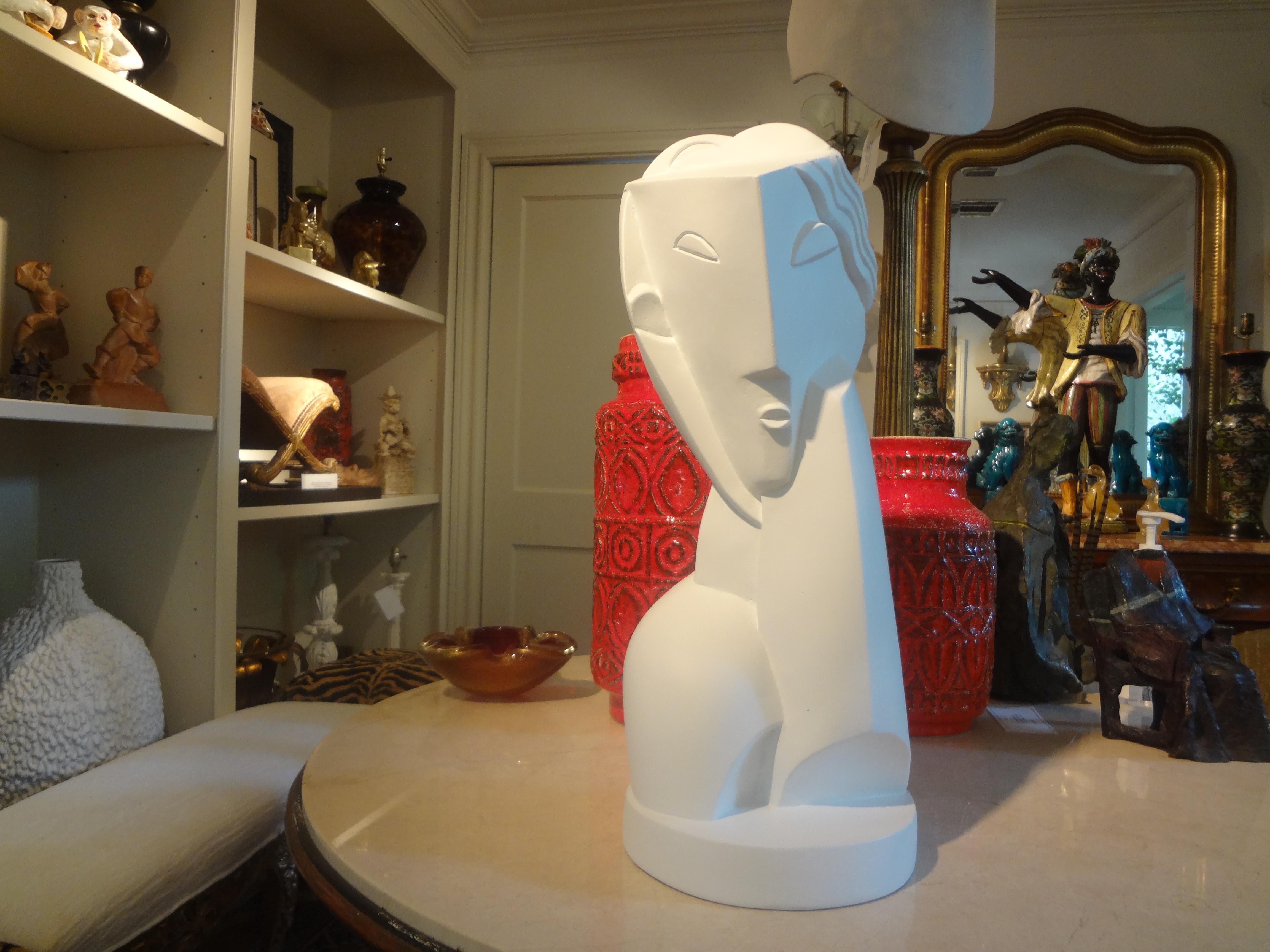 Stunning Art Deco geometric style abstract plaster bust sculpture of a woman. Beautifully executed and lovely from every angle!