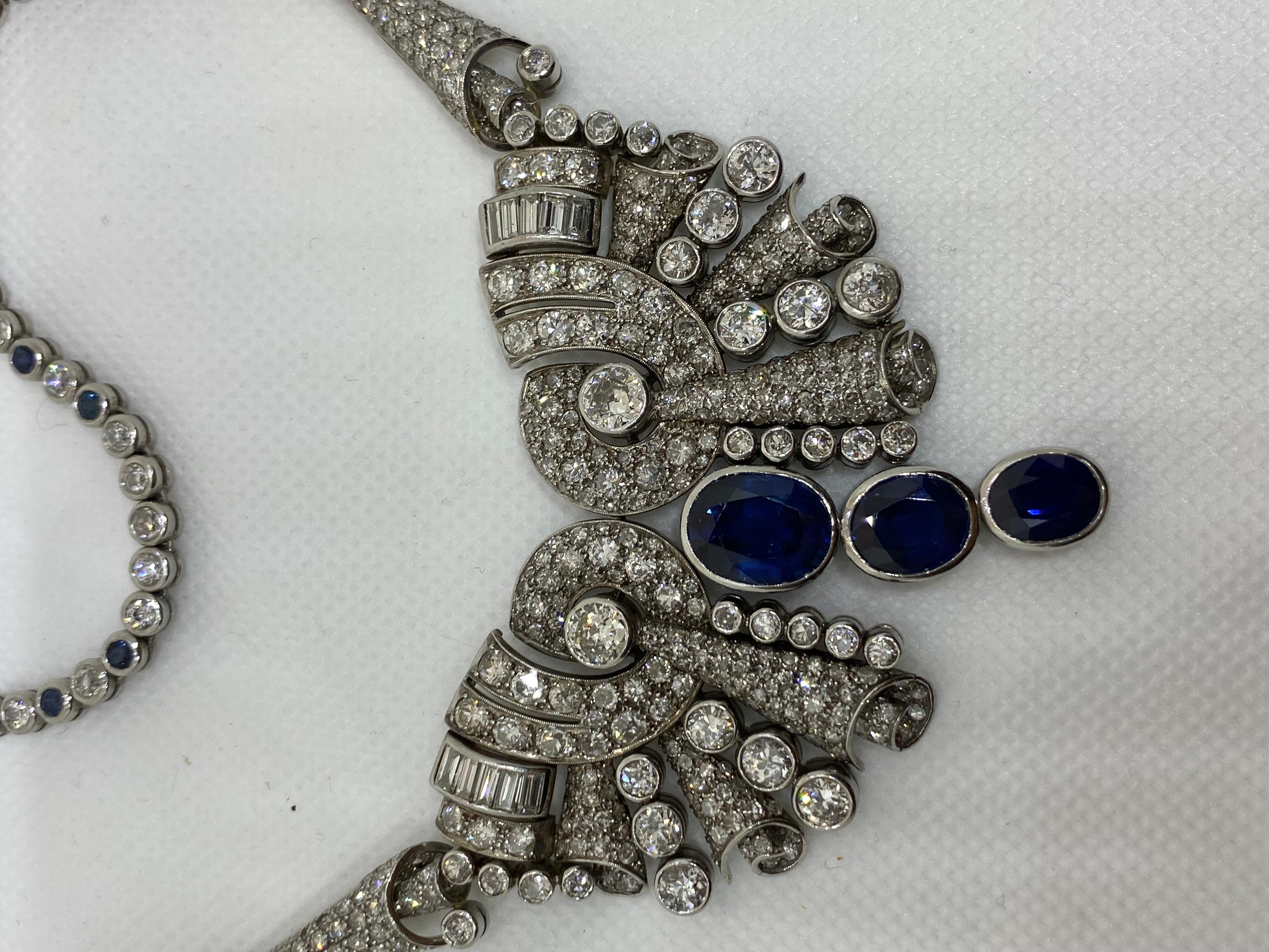 Women's Art deco style AGL-Certified Sapphire and Diamonds Necklace