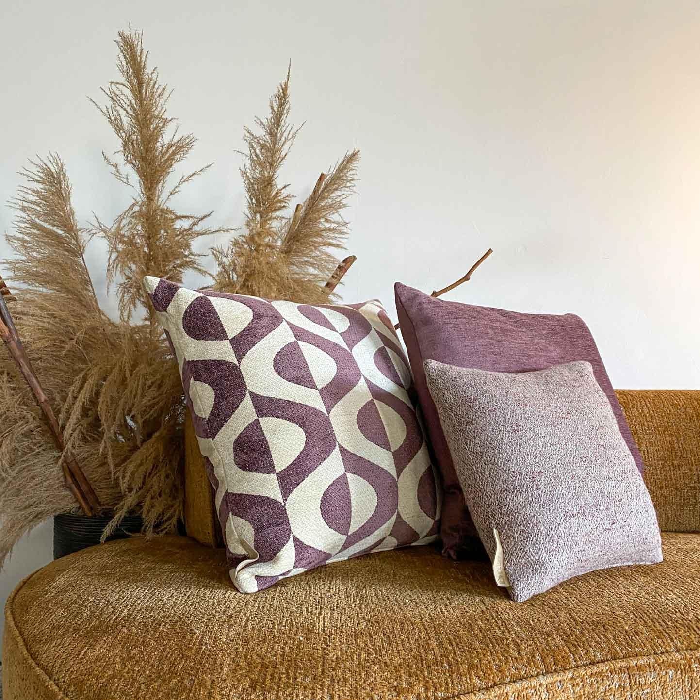 Belgian Art Deco Style Ajaccio Purple Beige Pattern Linen Pillow by Evolution21  For Sale