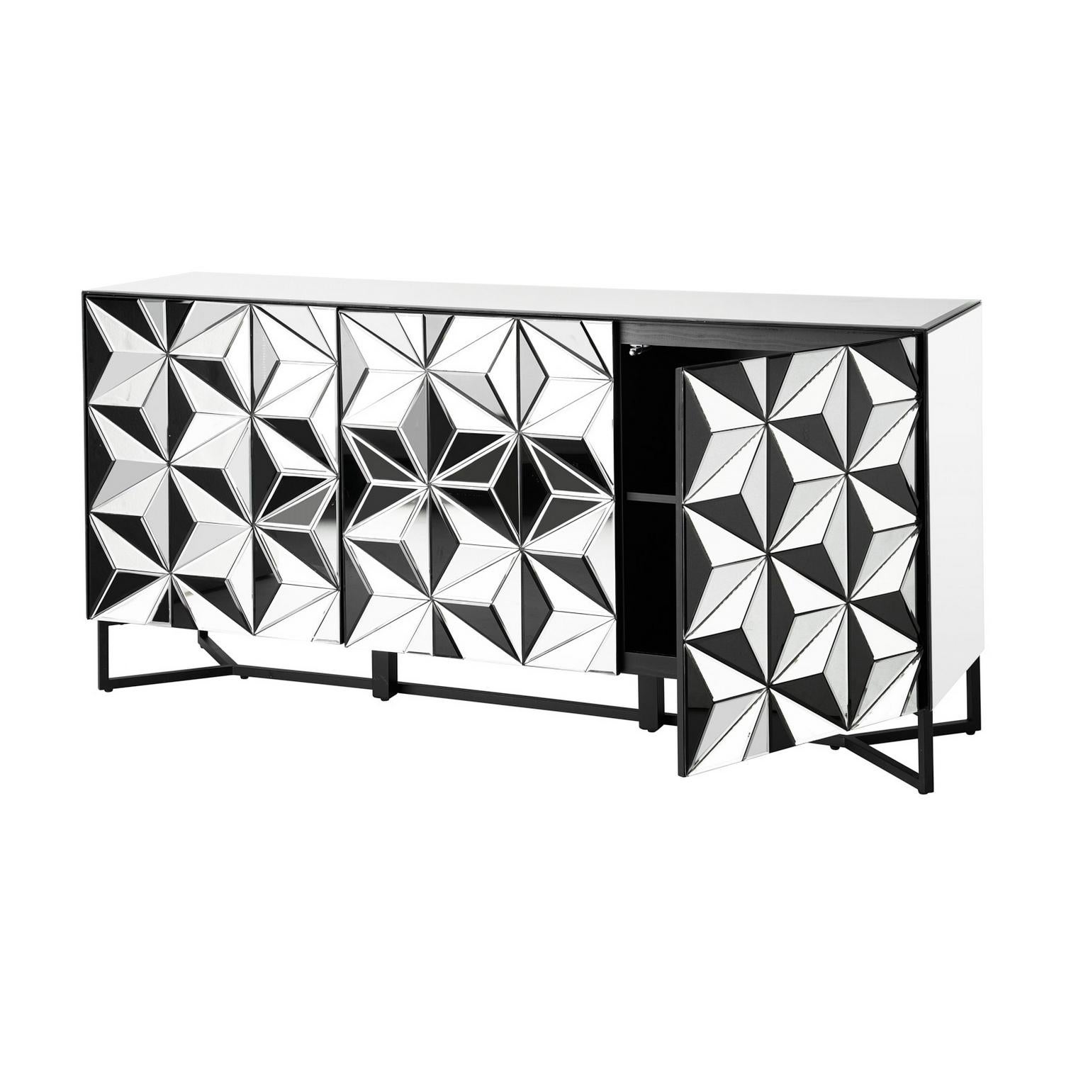 Sparkling and sophisticated bevelled mirrored sideboard with graphic mirrored doors diamond and brutalist shaped panels opening on shelves and aerial black lacquered feet. Tray and sides are mirrored too!
