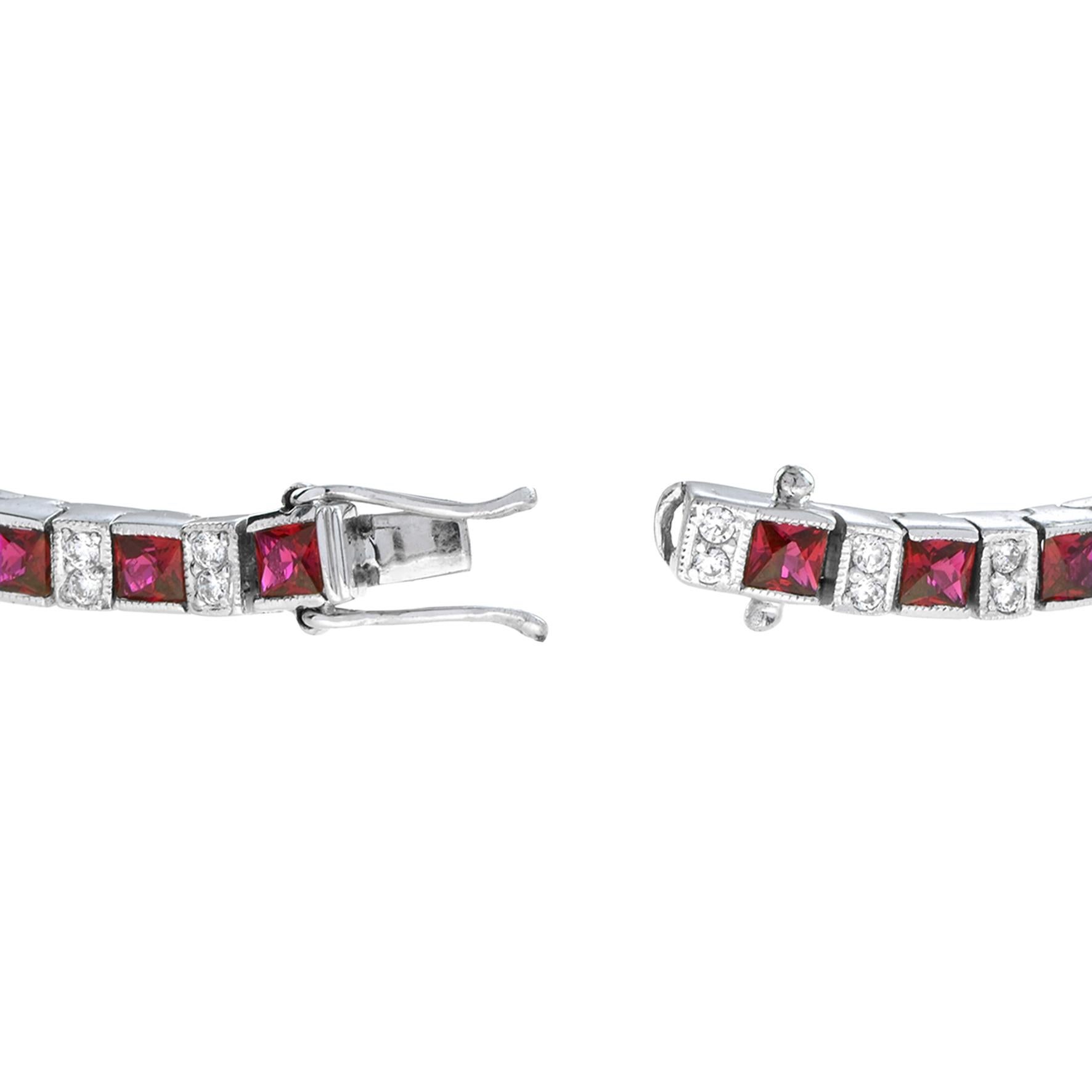Art Deco Style Alternated Square Red Ruby & Diamond Line 14K White Gold Bracelet Corte cuadrado en venta