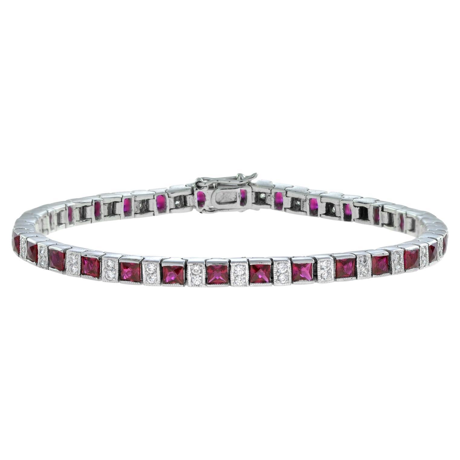 Art Deco Style Alternated Square Red Ruby & Diamond Line 14K White Gold Bracelet en venta