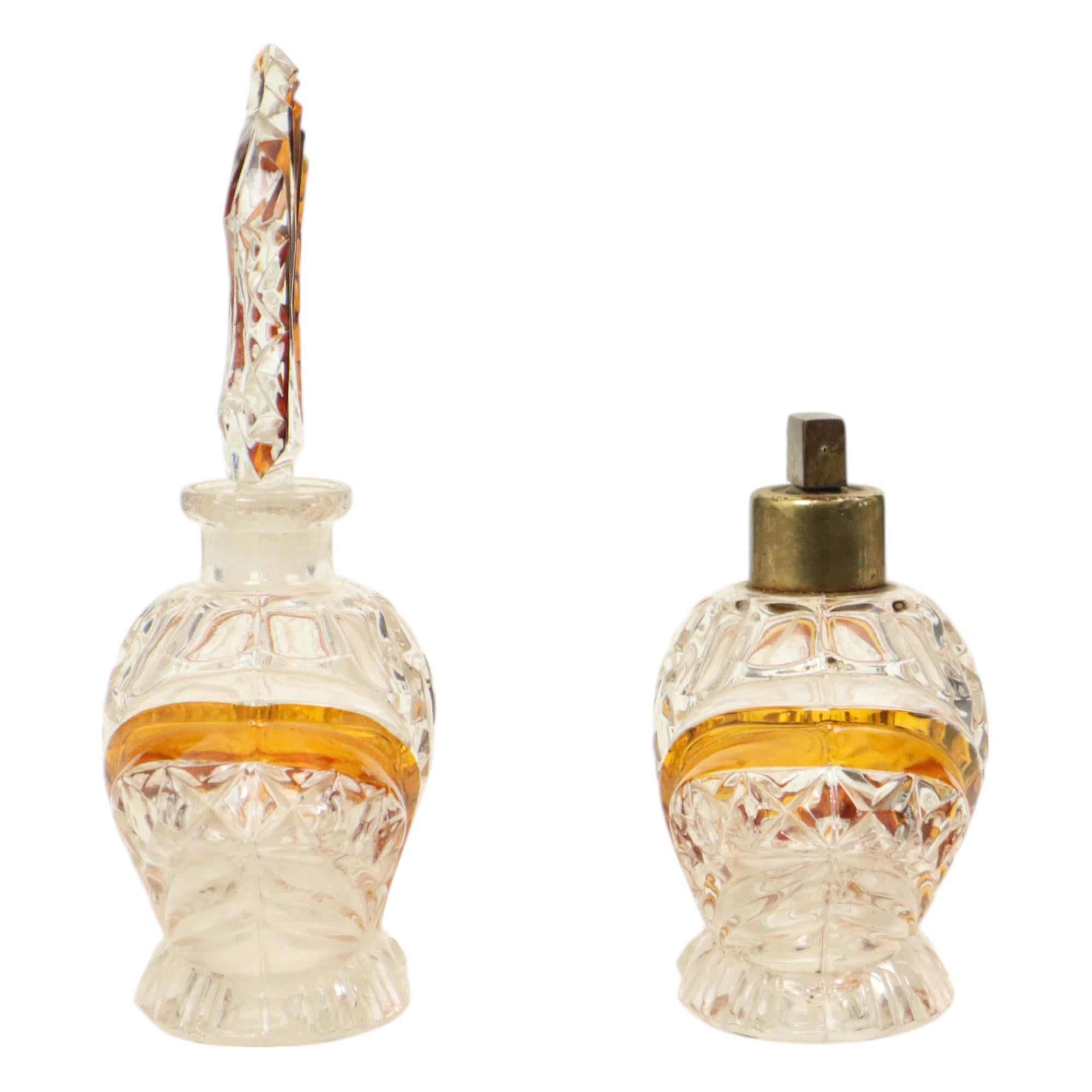 20th Century Art Deco Style Amber Color Perfume Toiletry Set Boudoir Bleikristal For Sale
