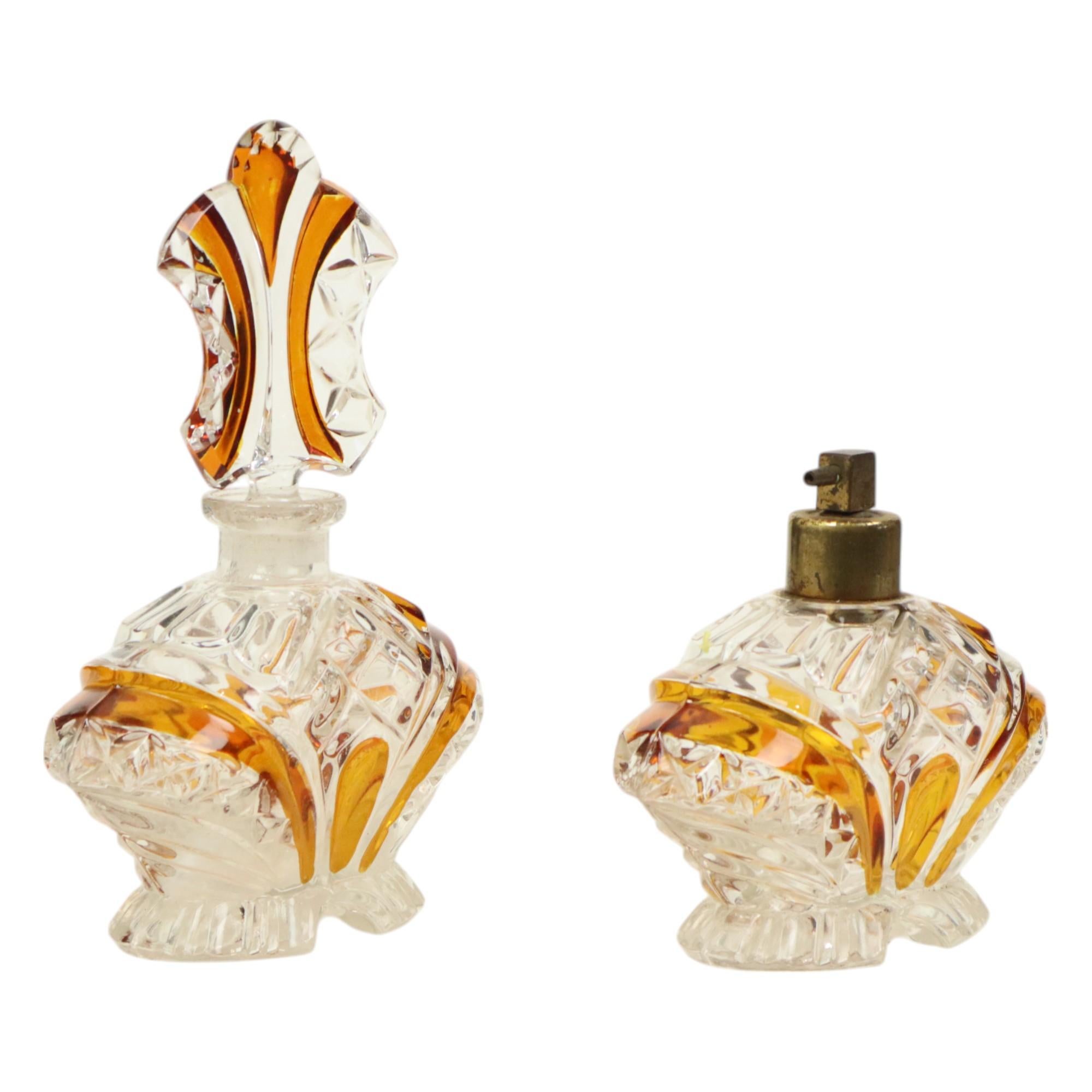 Art Deco Style Amber Color Perfume Toiletry Set Boudoir Bleikristal For Sale 1