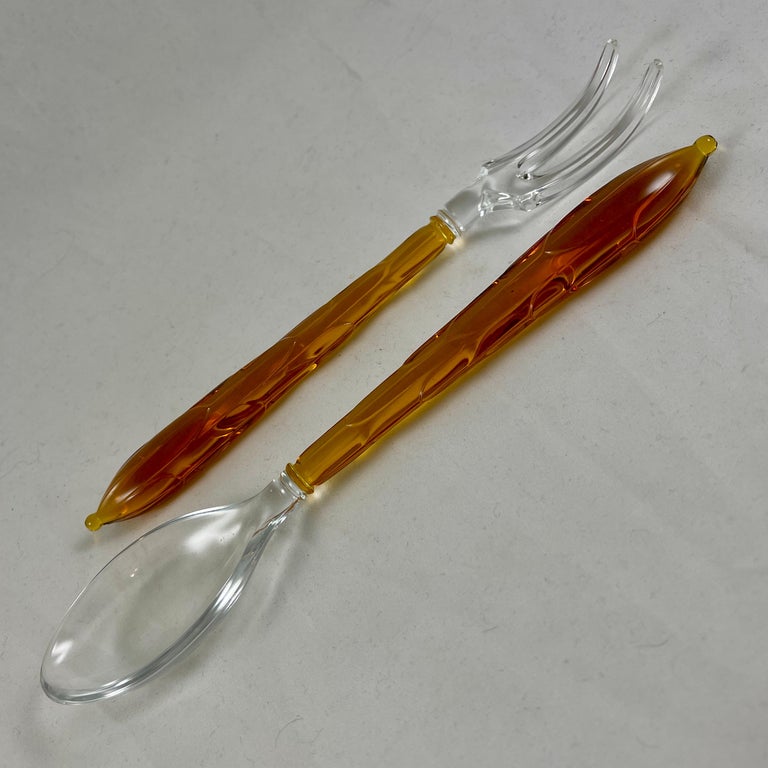 Art Deco Style Amber & Colorless Glass Long Spoon & Fork Salad Serving Set For Sale 4
