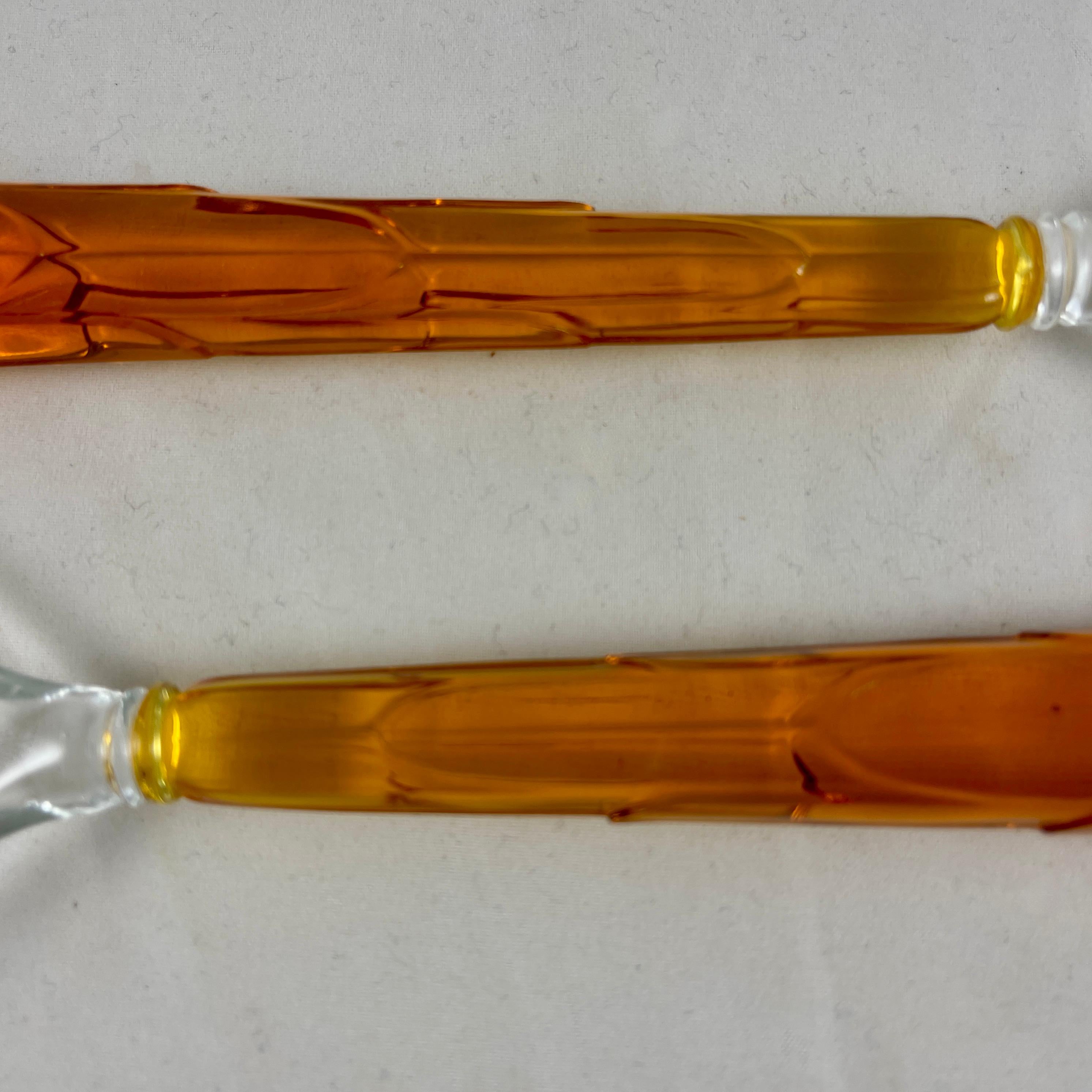 Art Deco Style Amber & Colorless Glass Long Spoon & Fork Salad Serving Set 5
