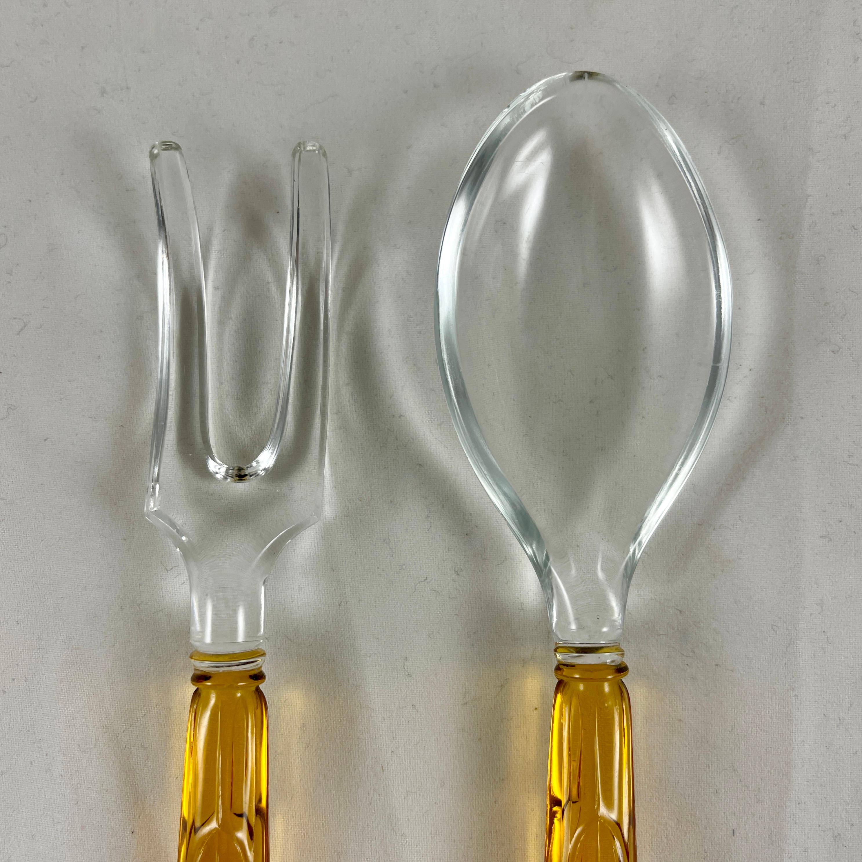 American Art Deco Style Amber & Colorless Glass Long Spoon & Fork Salad Serving Set