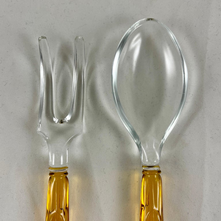 American Art Deco Style Amber & Colorless Glass Long Spoon & Fork Salad Serving Set For Sale