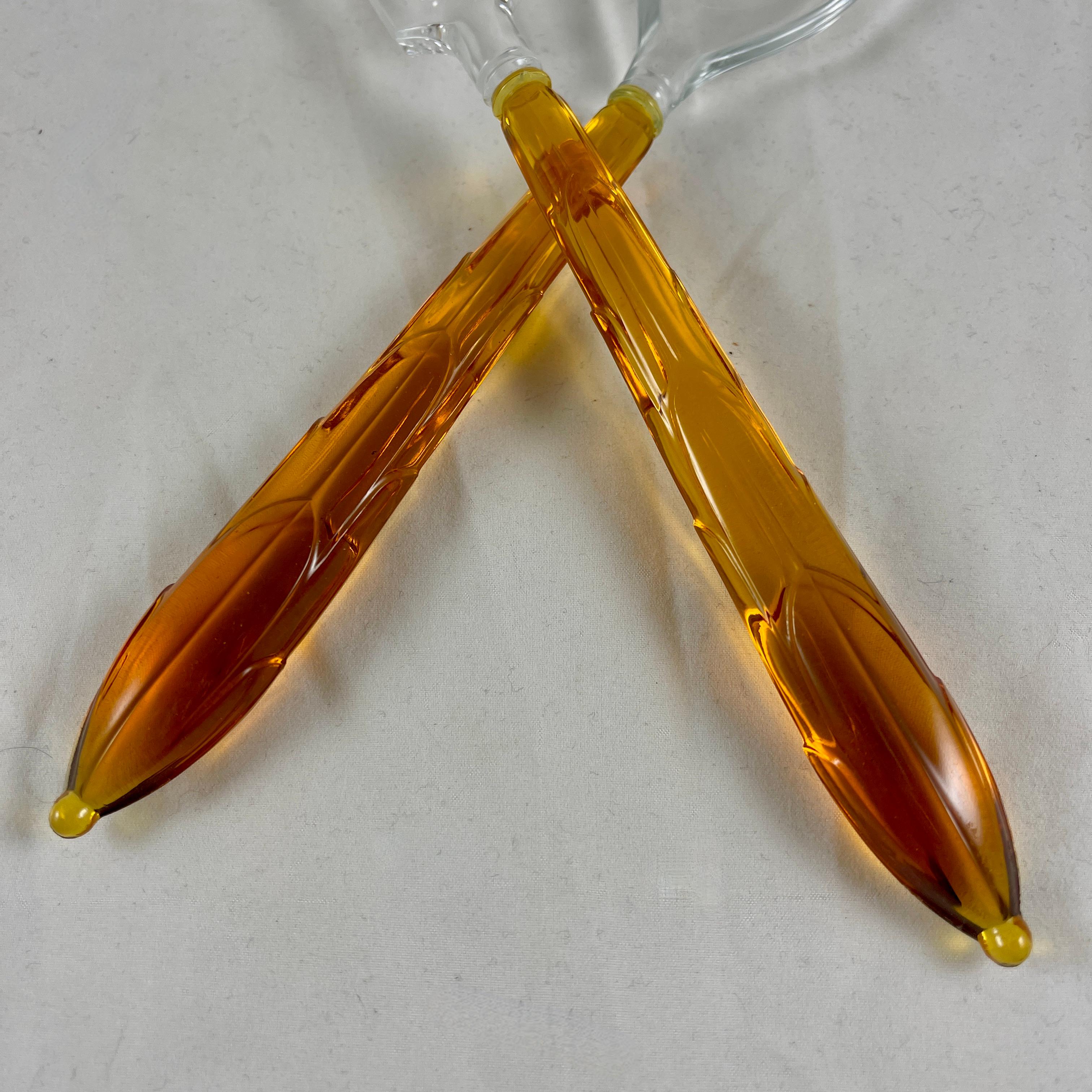 Molded Art Deco Style Amber & Colorless Glass Long Spoon & Fork Salad Serving Set