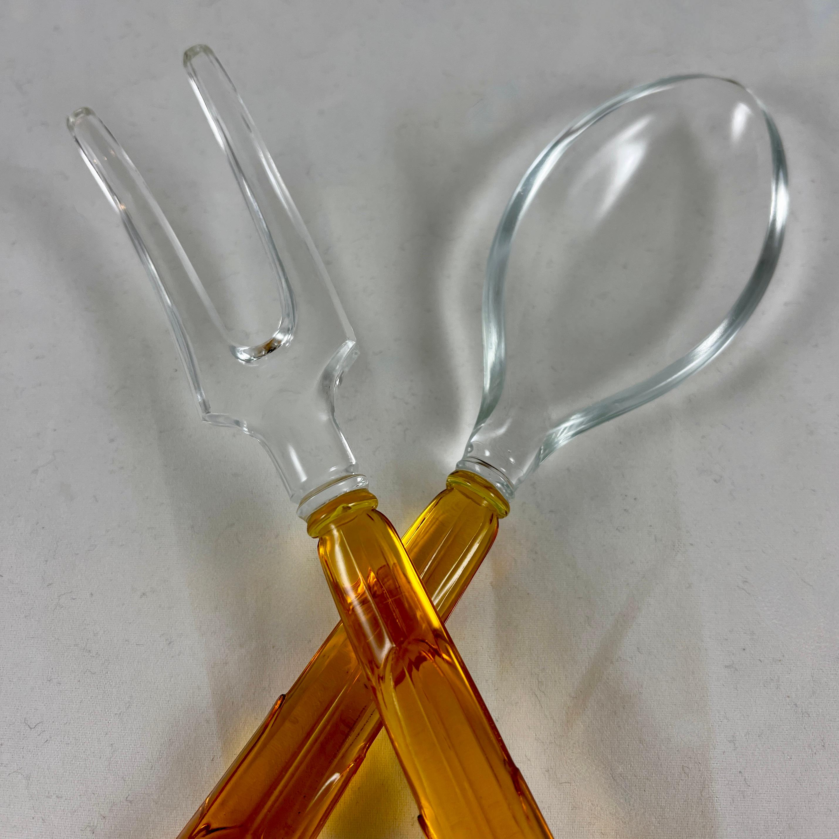 Art Deco Style Amber & Colorless Glass Long Spoon & Fork Salad Serving Set In Good Condition In Philadelphia, PA