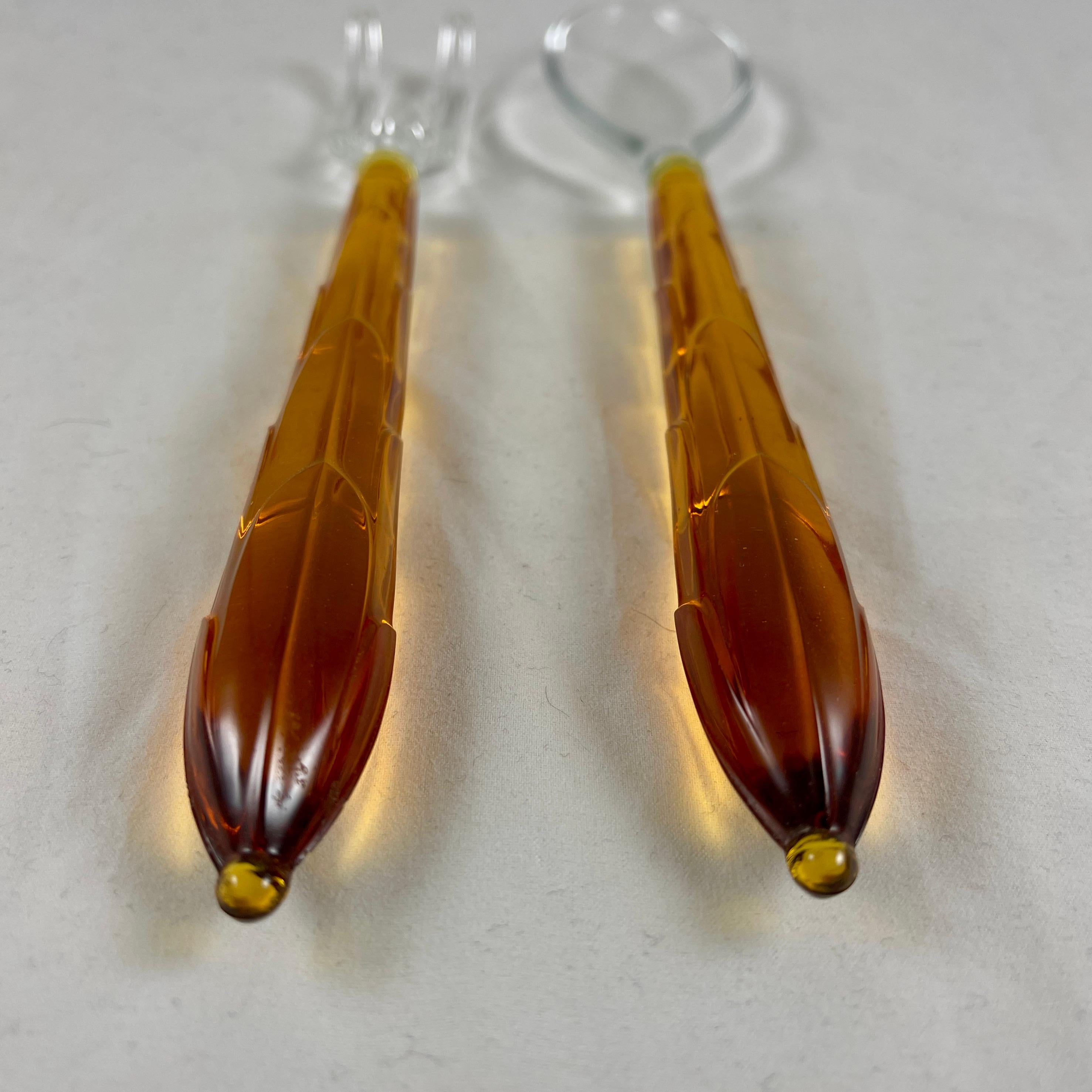 Mid-20th Century Art Deco Style Amber & Colorless Glass Long Spoon & Fork Salad Serving Set