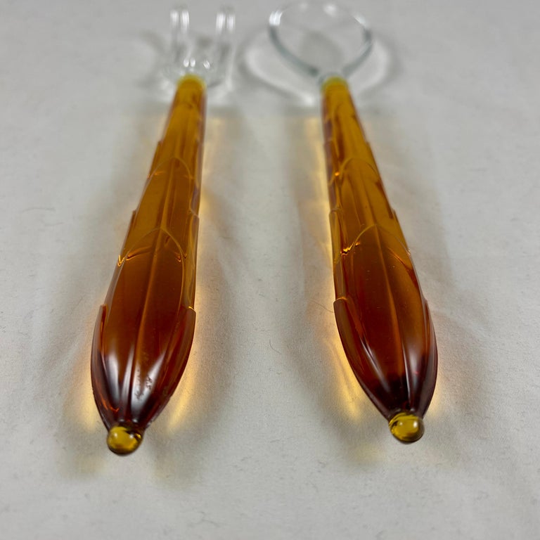 Mid-20th Century Art Deco Style Amber & Colorless Glass Long Spoon & Fork Salad Serving Set For Sale