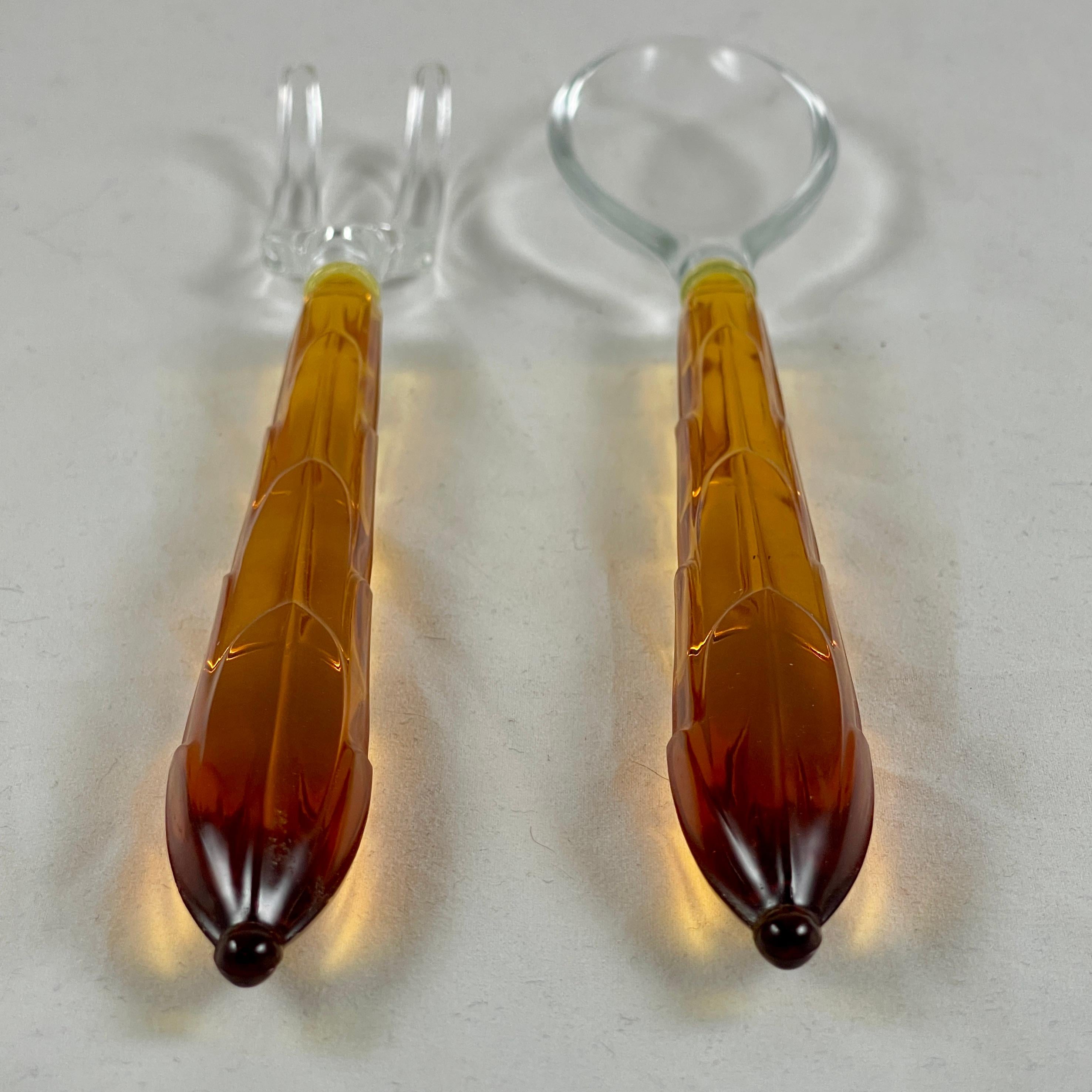 Art Deco Style Amber & Colorless Glass Long Spoon & Fork Salad Serving Set 1