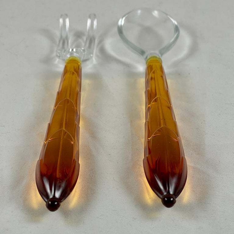 Art Deco Style Amber & Colorless Glass Long Spoon & Fork Salad Serving Set For Sale 1